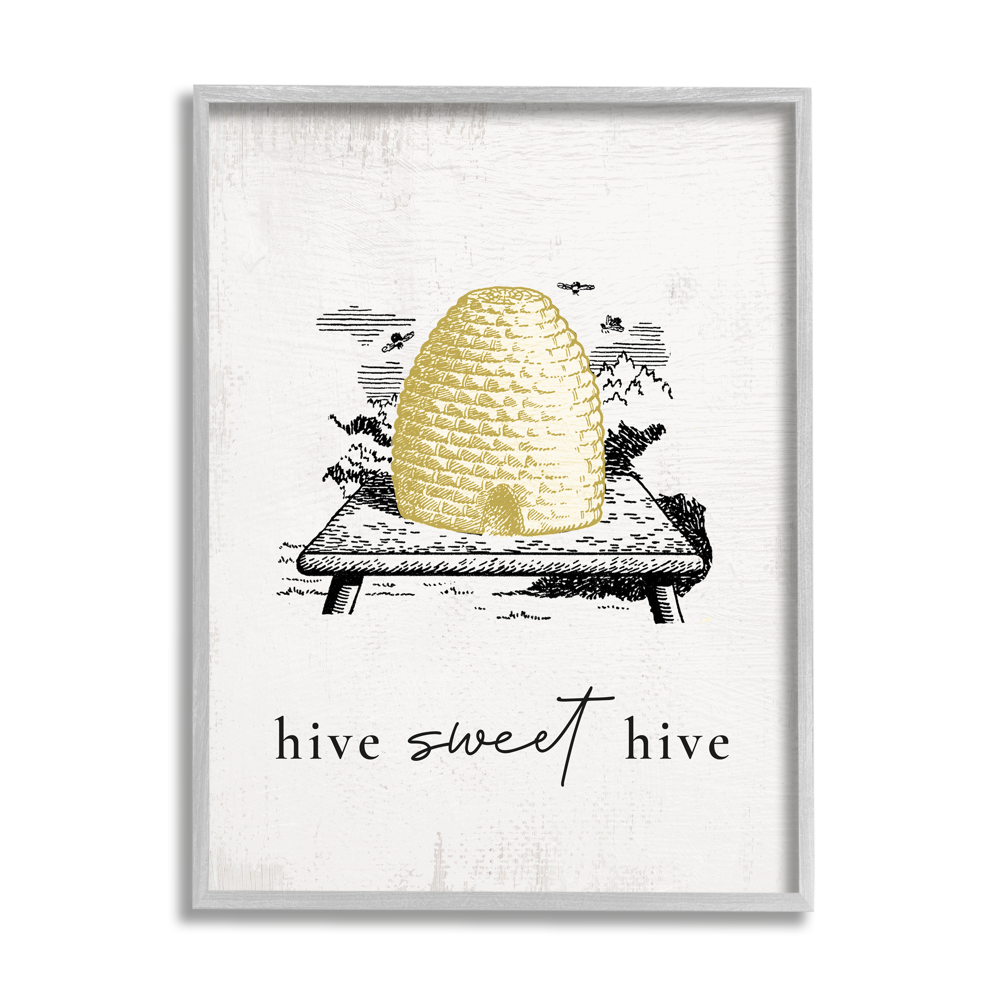 Stupell Industries Hive Sweet Hive Vintage Beehive Illustration Bee Pun Graphic Art Gray Framed Art Print Wall Art, 16x20, by Daphne Polselli