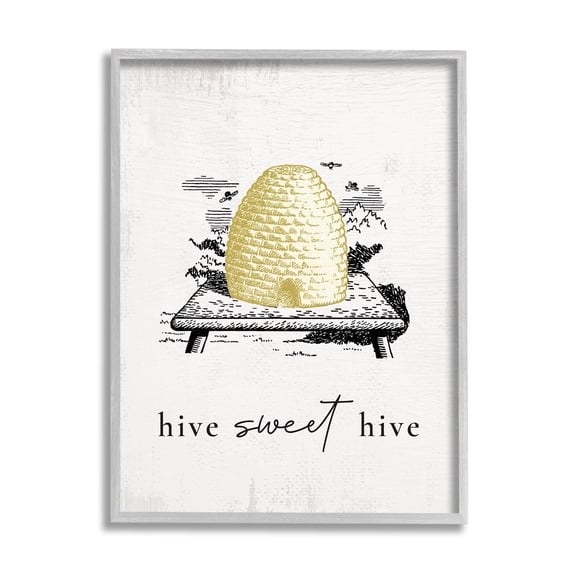 Stupell Industries Hive Sweet Hive Vintage Beehive Illustration Bee Pun Graphic Art Gray Framed Art Print Wall Art, 24x30, by Daphne Polselli
