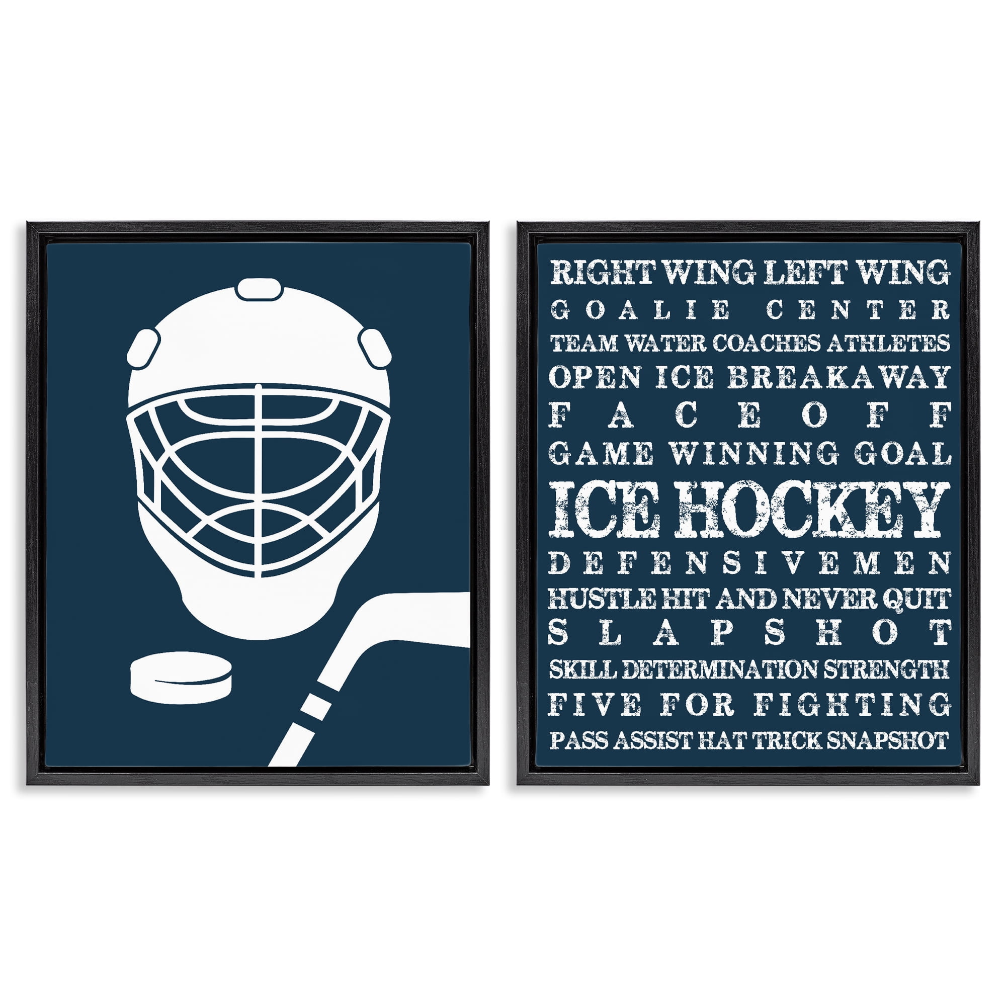 Stupell Industries Hockey Equipment & Phrases 2 Piece Black Framed Floater Canvas Set, design by Melody Hogan