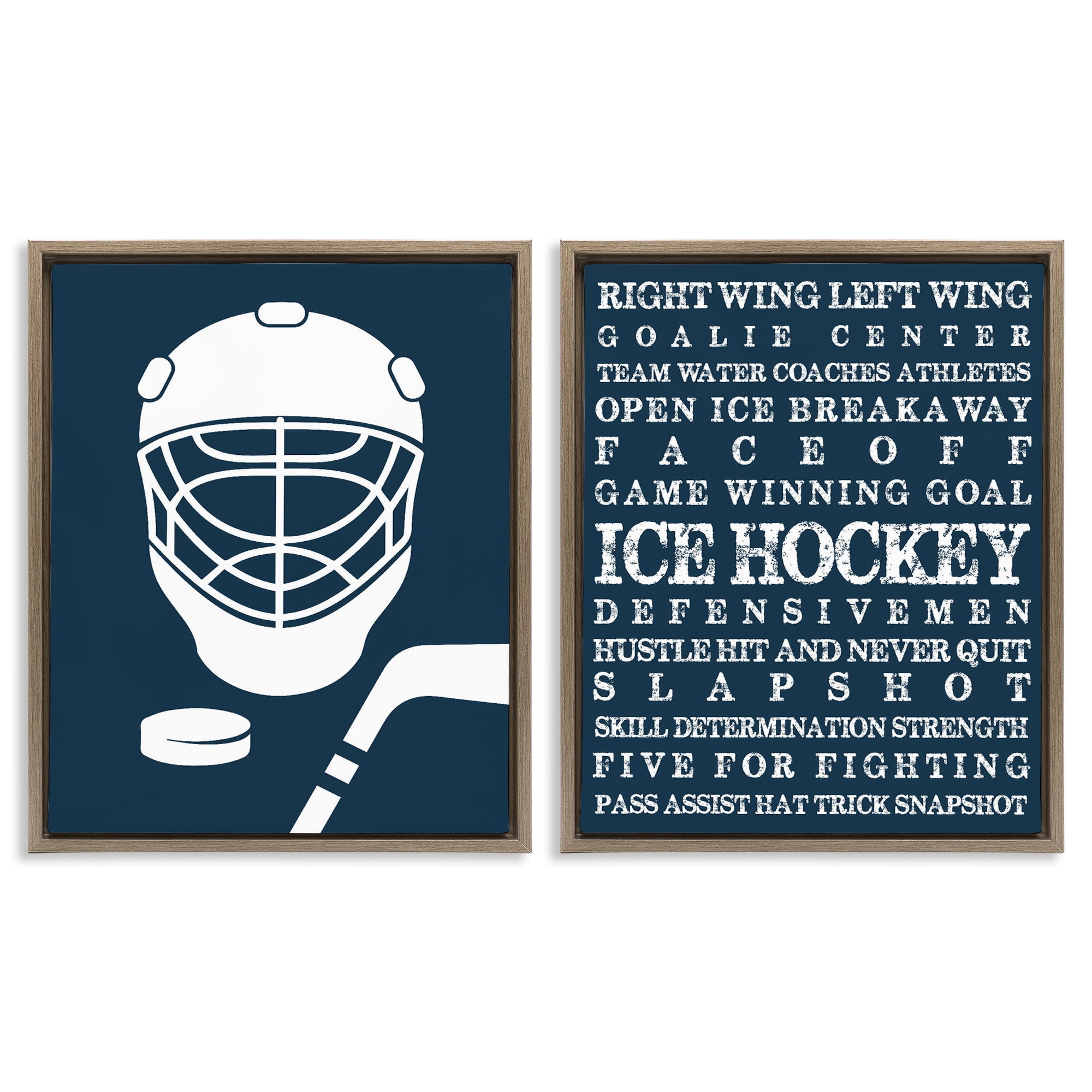 Stupell Industries Hockey Equipment & Phrases 2 Piece Brown Framed Floater Canvas Set, design by Melody Hogan