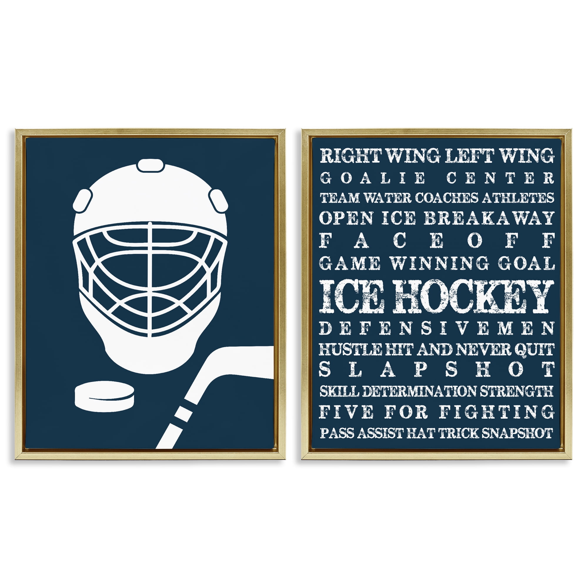 Stupell Industries Hockey Equipment & Phrases 2 Piece Gold Framed Floater Canvas Set, design by Melody Hogan