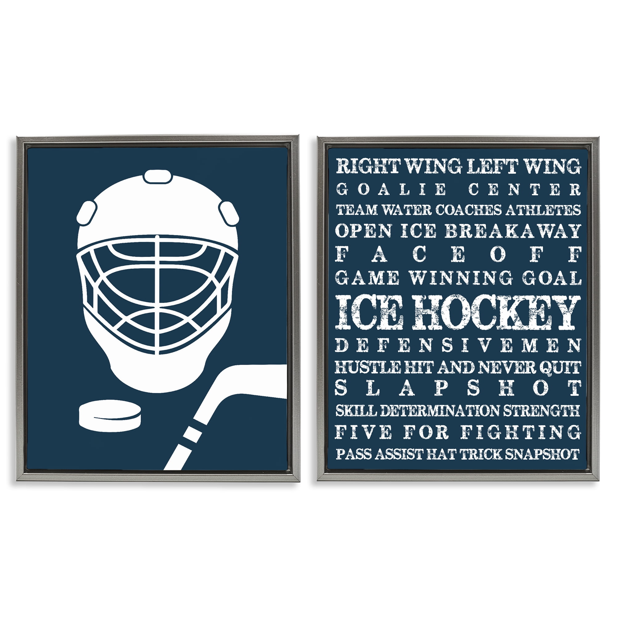 Stupell Industries Hockey Equipment & Phrases 2 Piece Gray Framed Floater Canvas Set, design by Melody Hogan