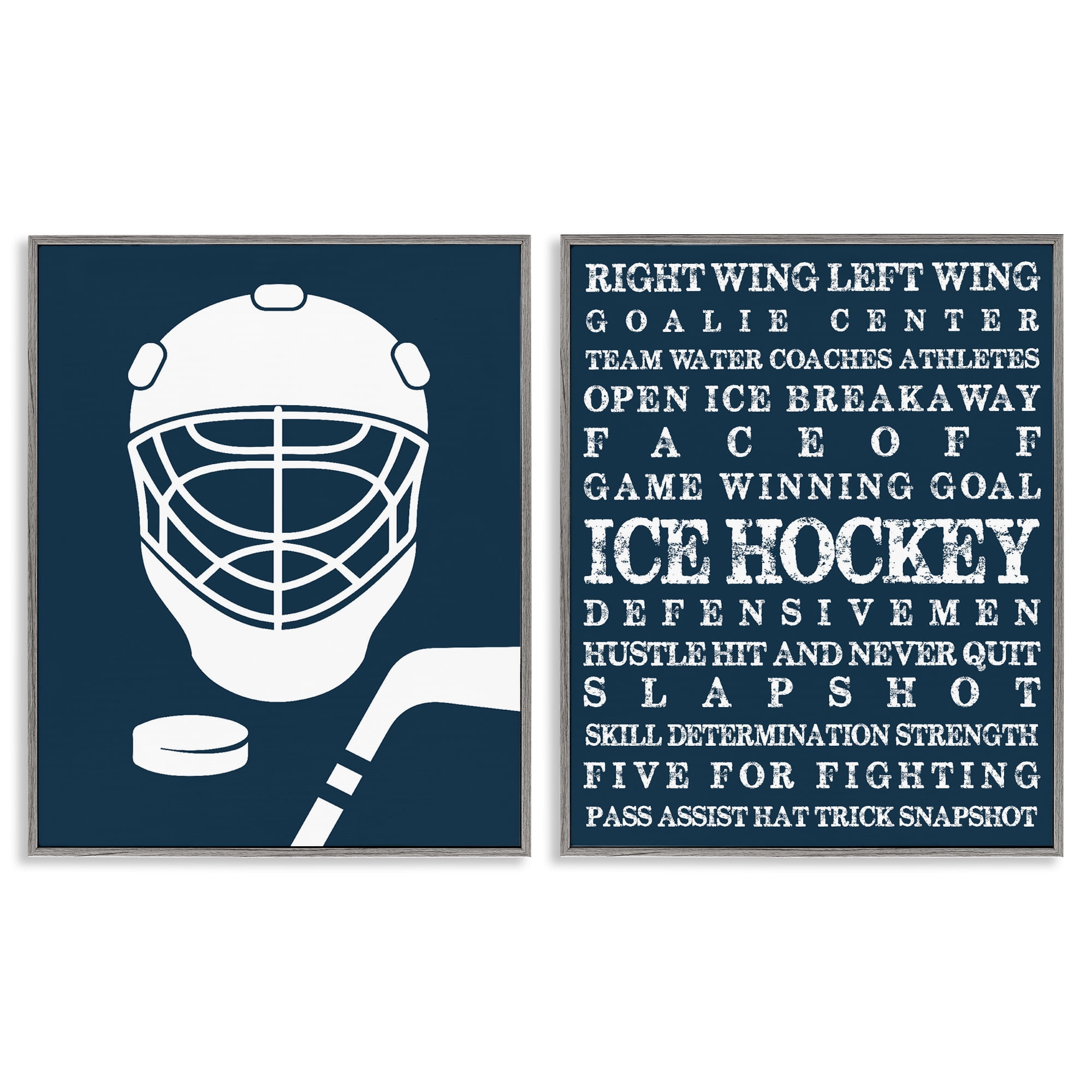 Stupell Industries Hockey Equipment & Phrases 2 Piece Gray Framed Giclee Art Set, design by Melody Hogan