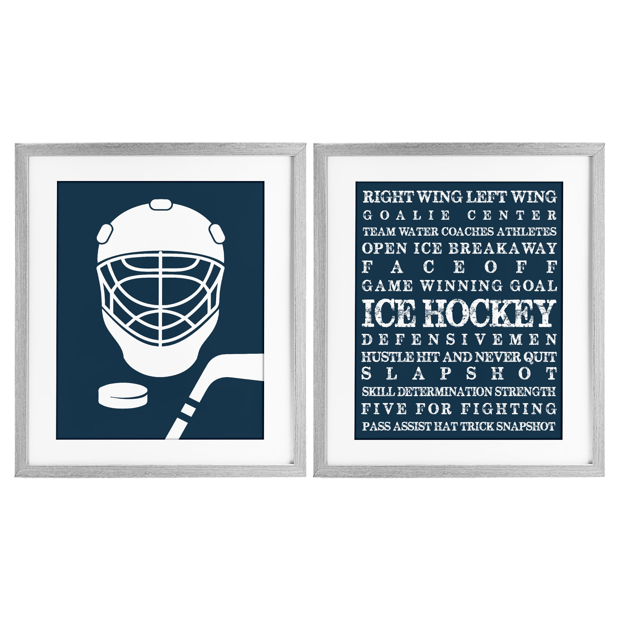 Stupell Industries Hockey Equipment & Phrases 2 Piece Gray Framed Print Under Glass Set, design by Melody Hogan