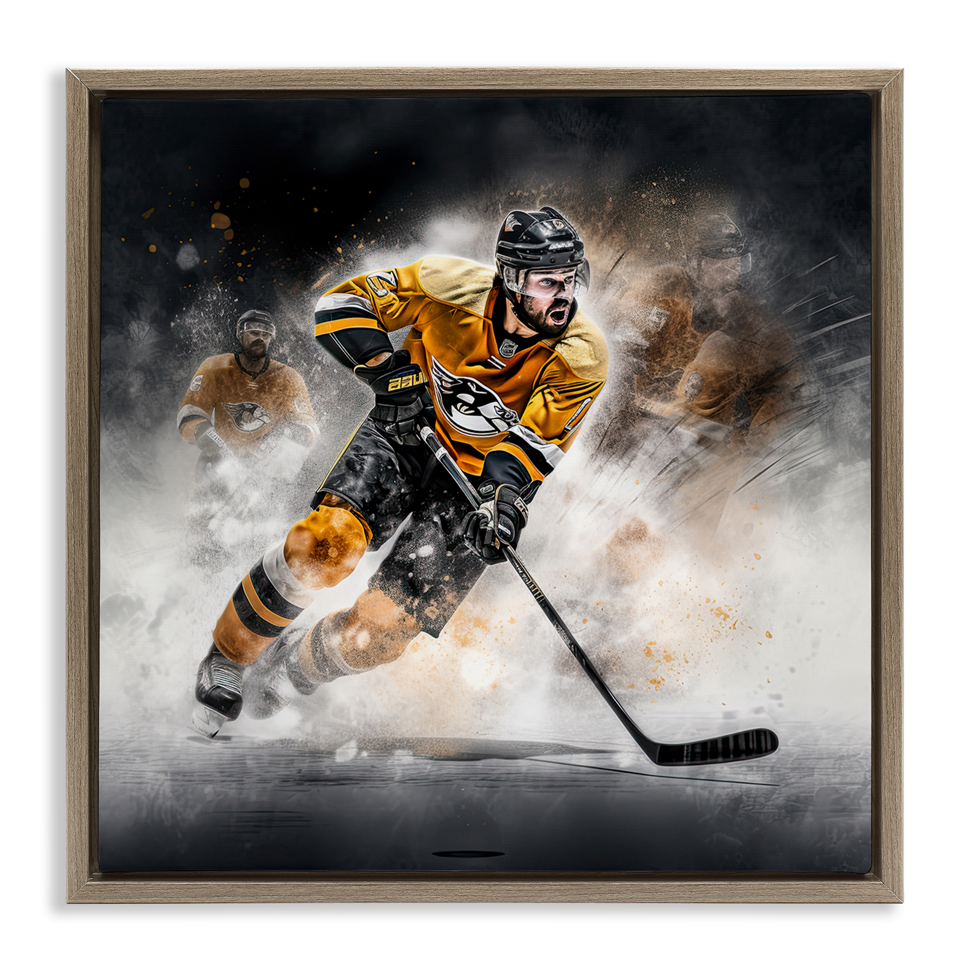Stupell Industries Hockey Player Athlete People Painting Brown Floater Framed Canvas Art Print Wall Art, 18 x 18