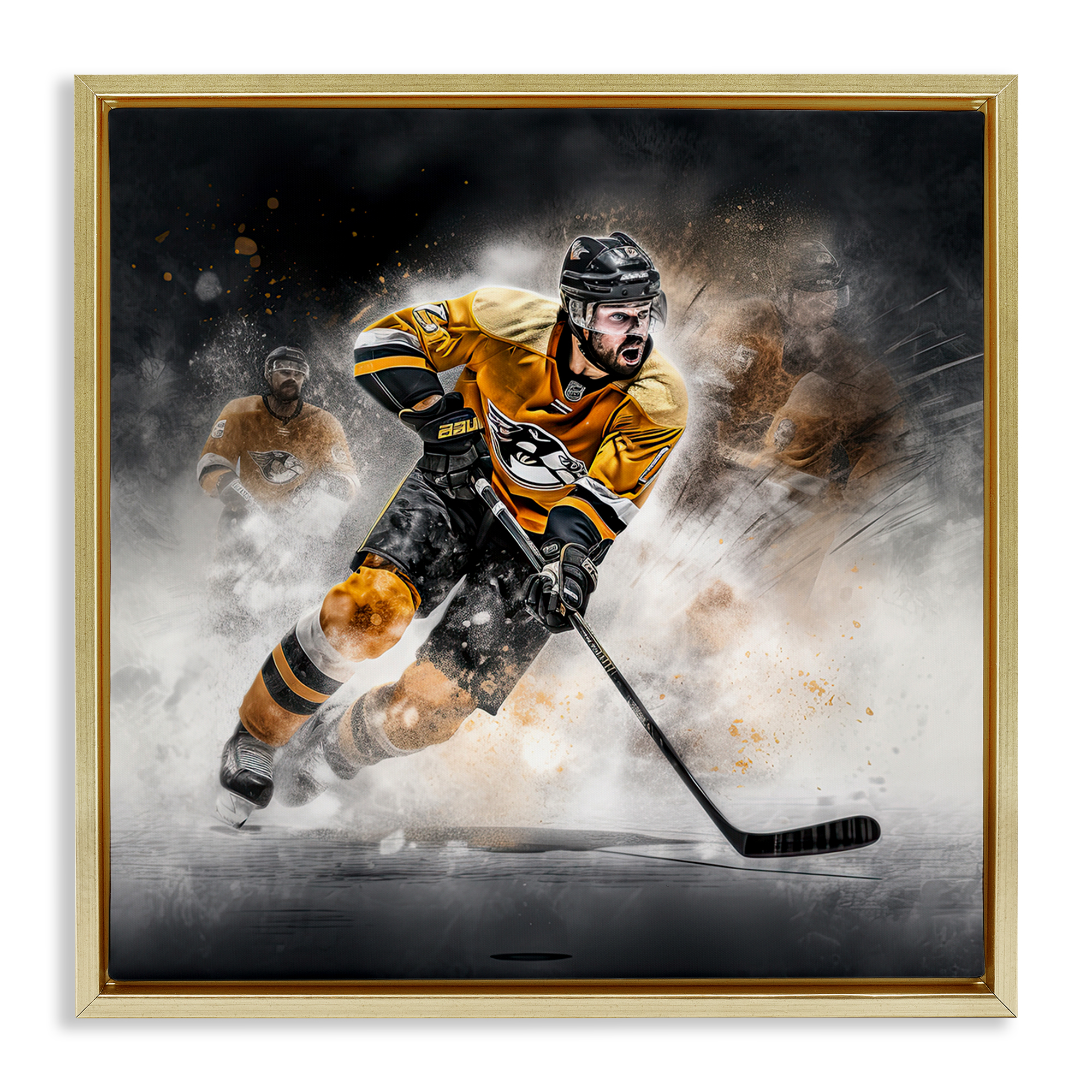 Stupell Industries Hockey Player Athlete People Painting Gold Floater Framed Canvas Art Print Wall Art, 25 x 25