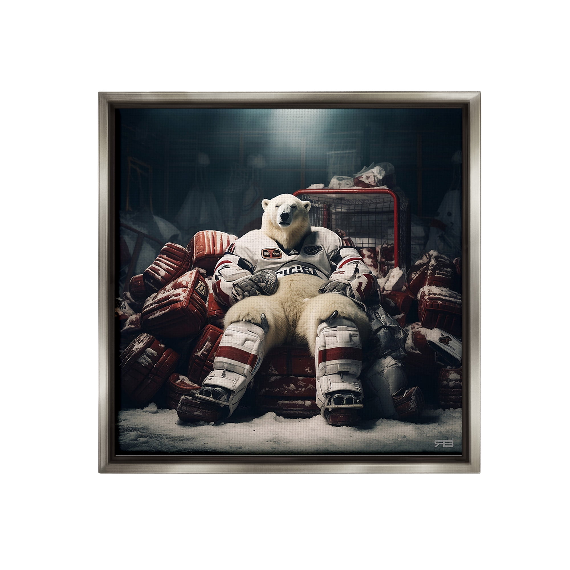 Stupell Industries Hockey Player Polar Bear Animals & Insects Painting Gray Floater Framed Canvas Art Print Wall Art, 18 x 18