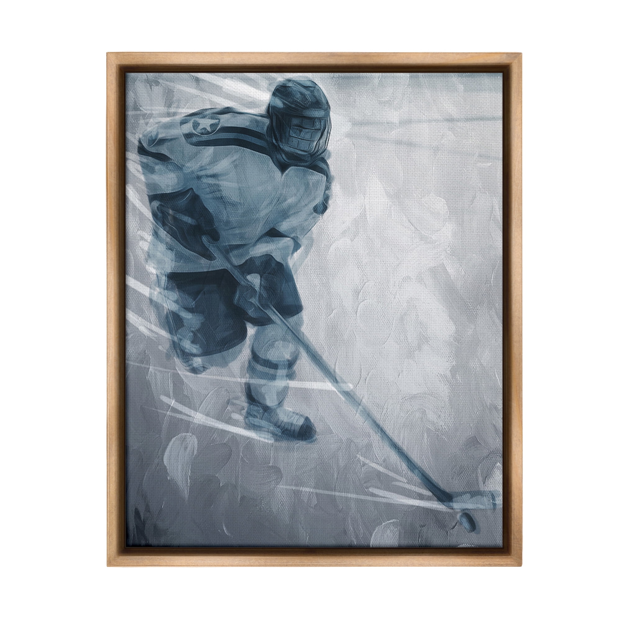 Stupell Industries Hockey Player on Ice Sports Painting Brown Floater Framed Canvas Art Print Wall Art, 25 x 31