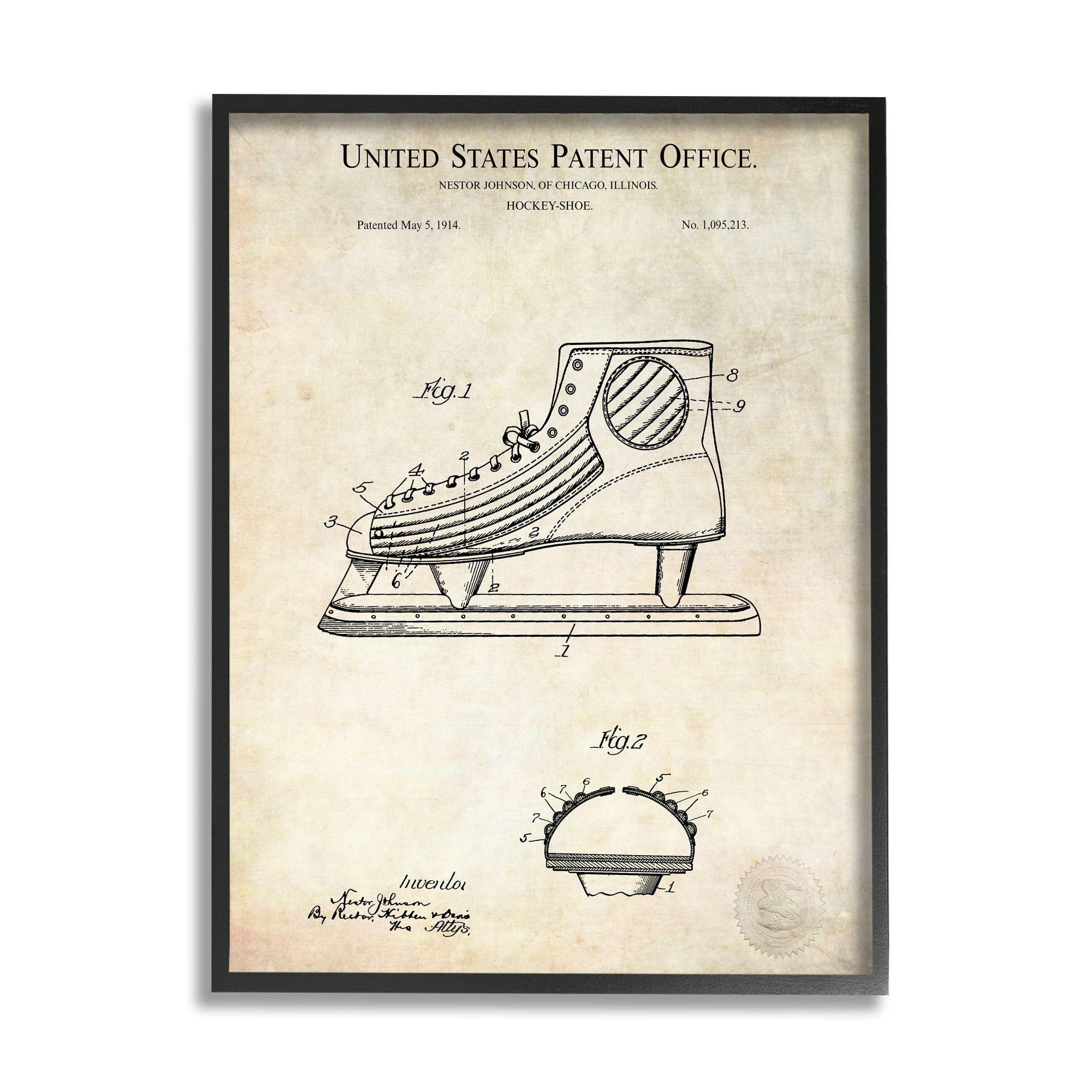 Stupell Industries Hockey Skate Shoe Labeled Diagram Patent Text Framed Wall Art, 11 x 14, Design by Karl Hronek
