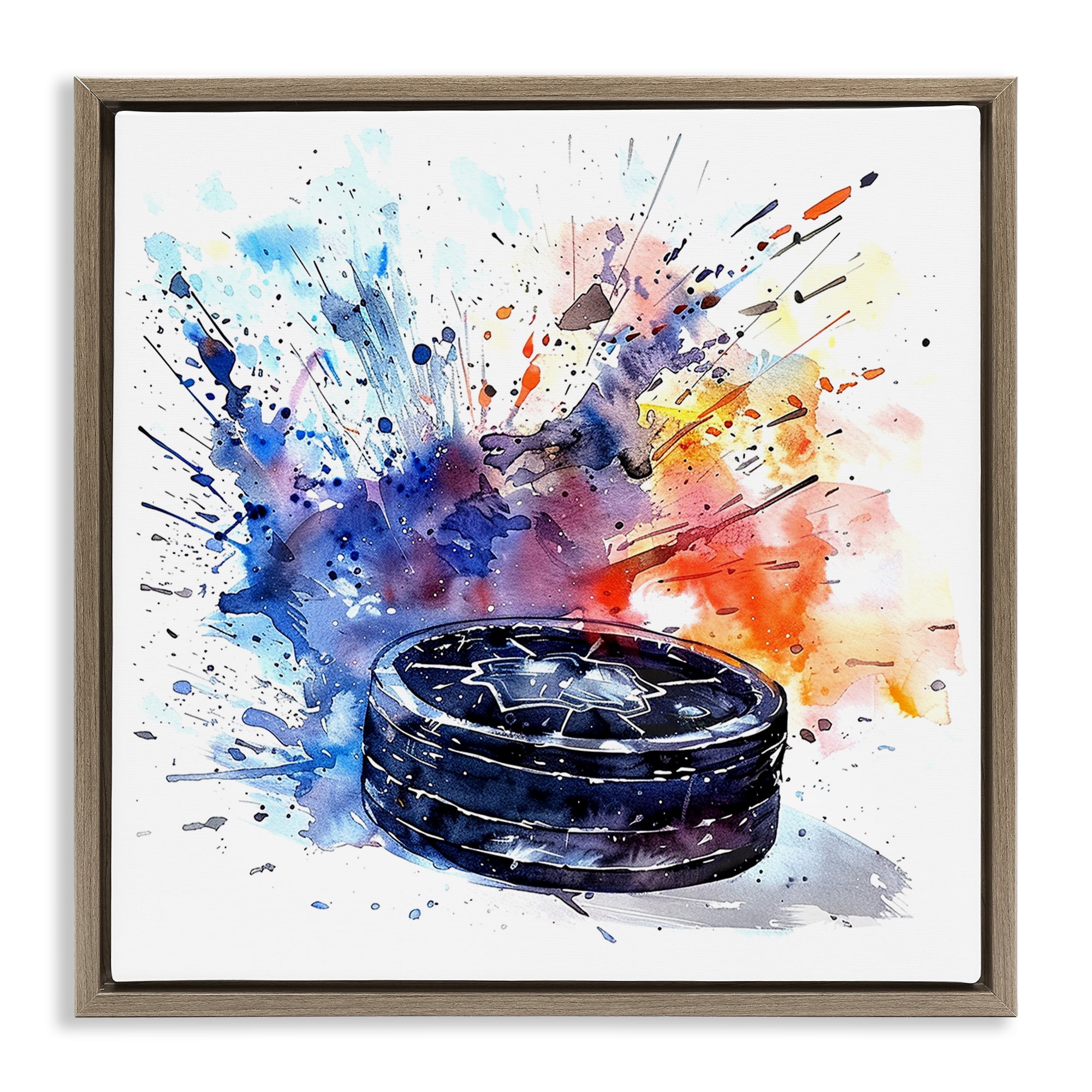 Stupell Industries Hockey Splash Watercolor Burst Brown Framed Floater Canvas Wall Art, design by LSR Design Studio