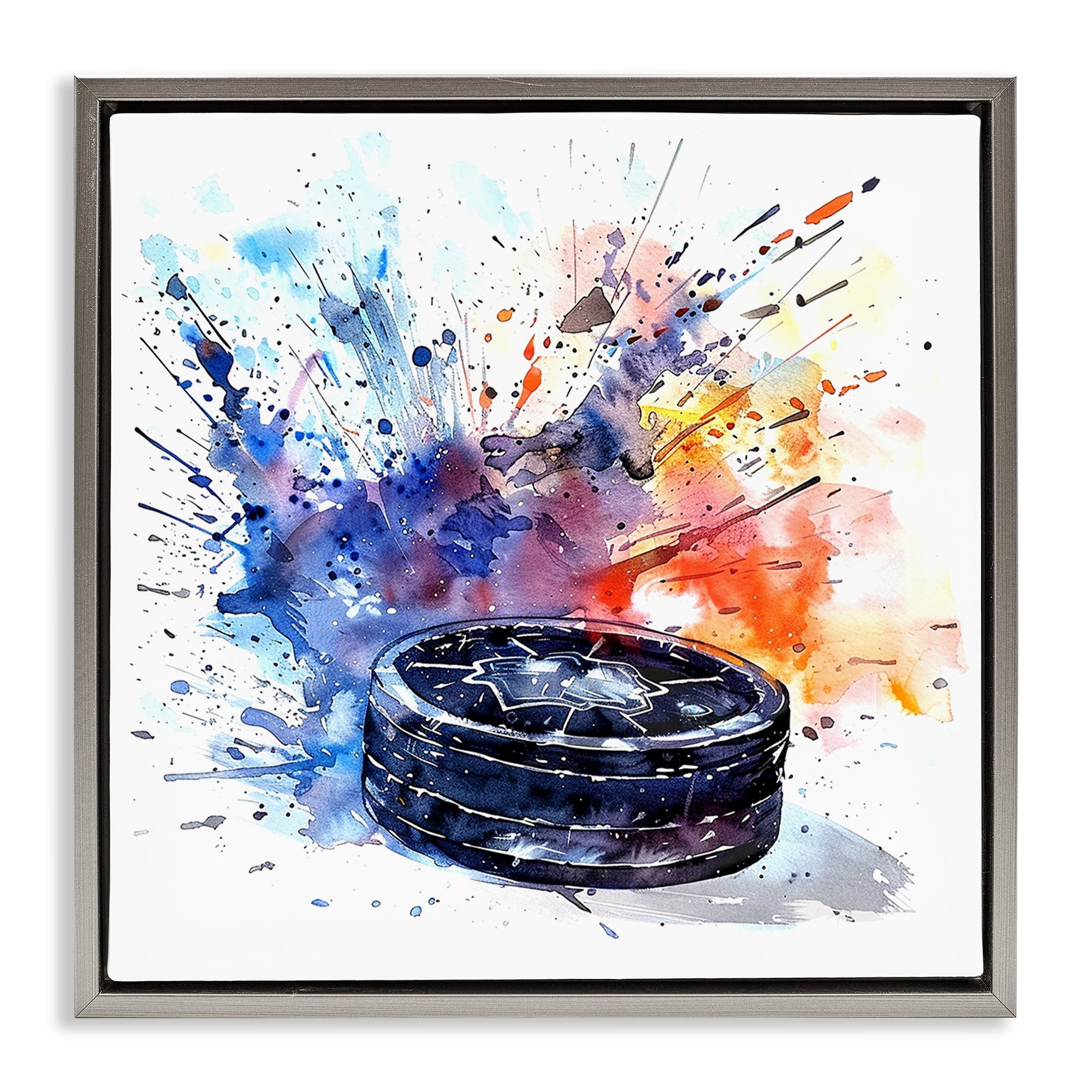 Stupell Industries Hockey Splash Watercolor Burst Gray Framed Floater Canvas Wall Art, design by LSR Design Studio