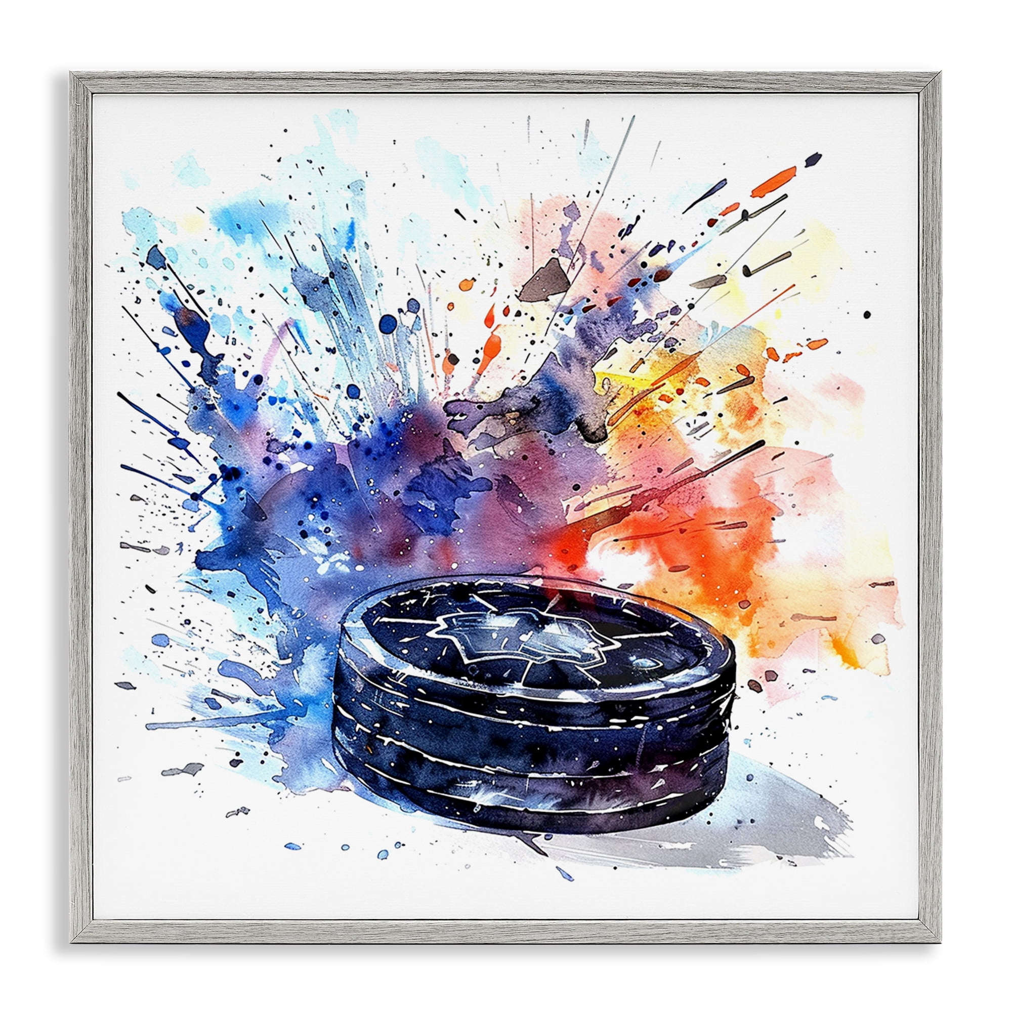 Stupell Industries Hockey Splash Watercolor Burst Gray Framed Giclee Art, design by LSR Design Studio
