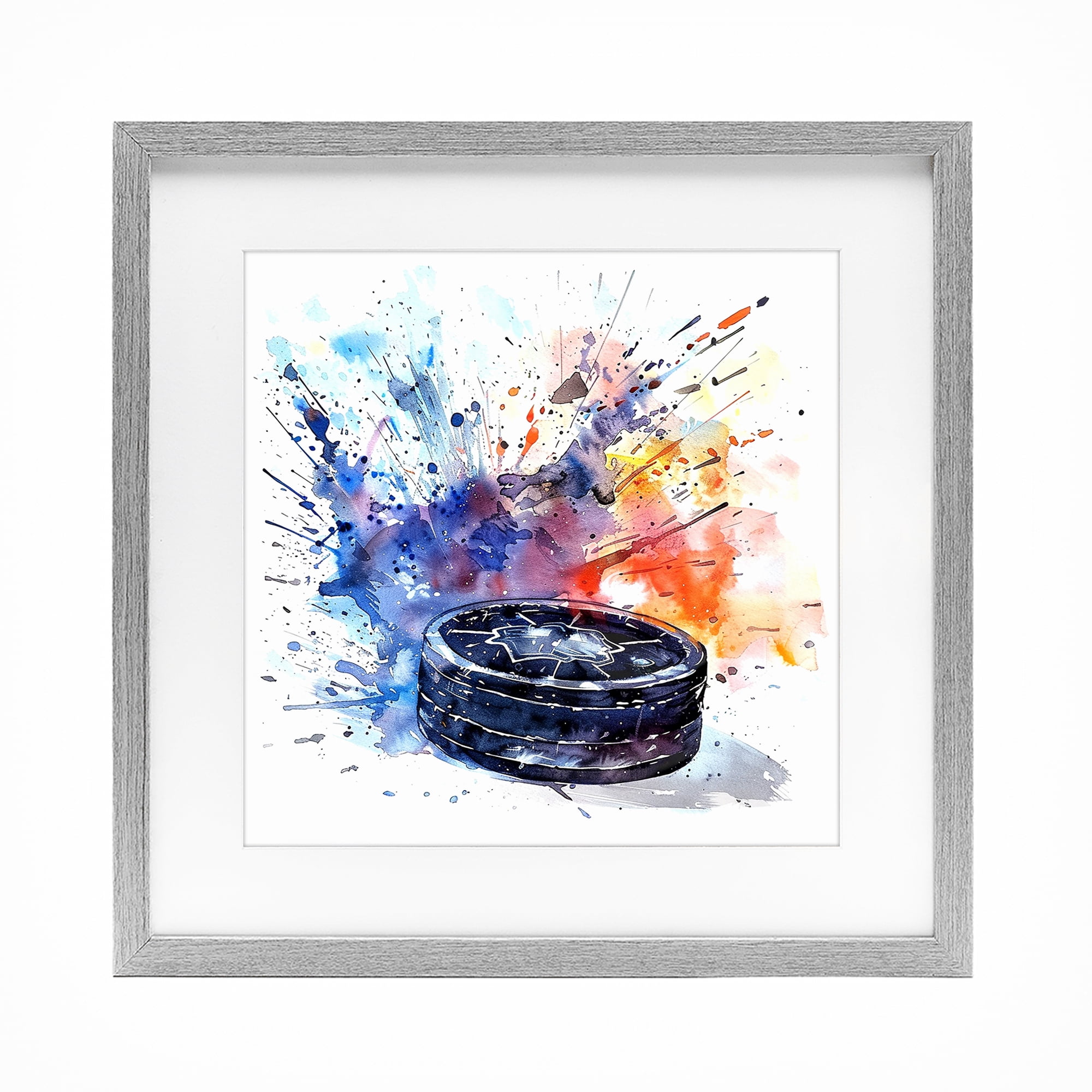 Stupell Industries Hockey Splash Watercolor Burst Gray Framed Print Under Glass, design by LSR Design Studio