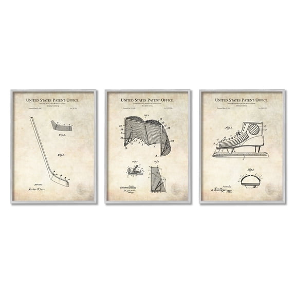 Hockey Sports Patent Athletic Equipment Diagram Skates Net Typography Graphic Art Framed Art Print Wall Art, Set Of 3