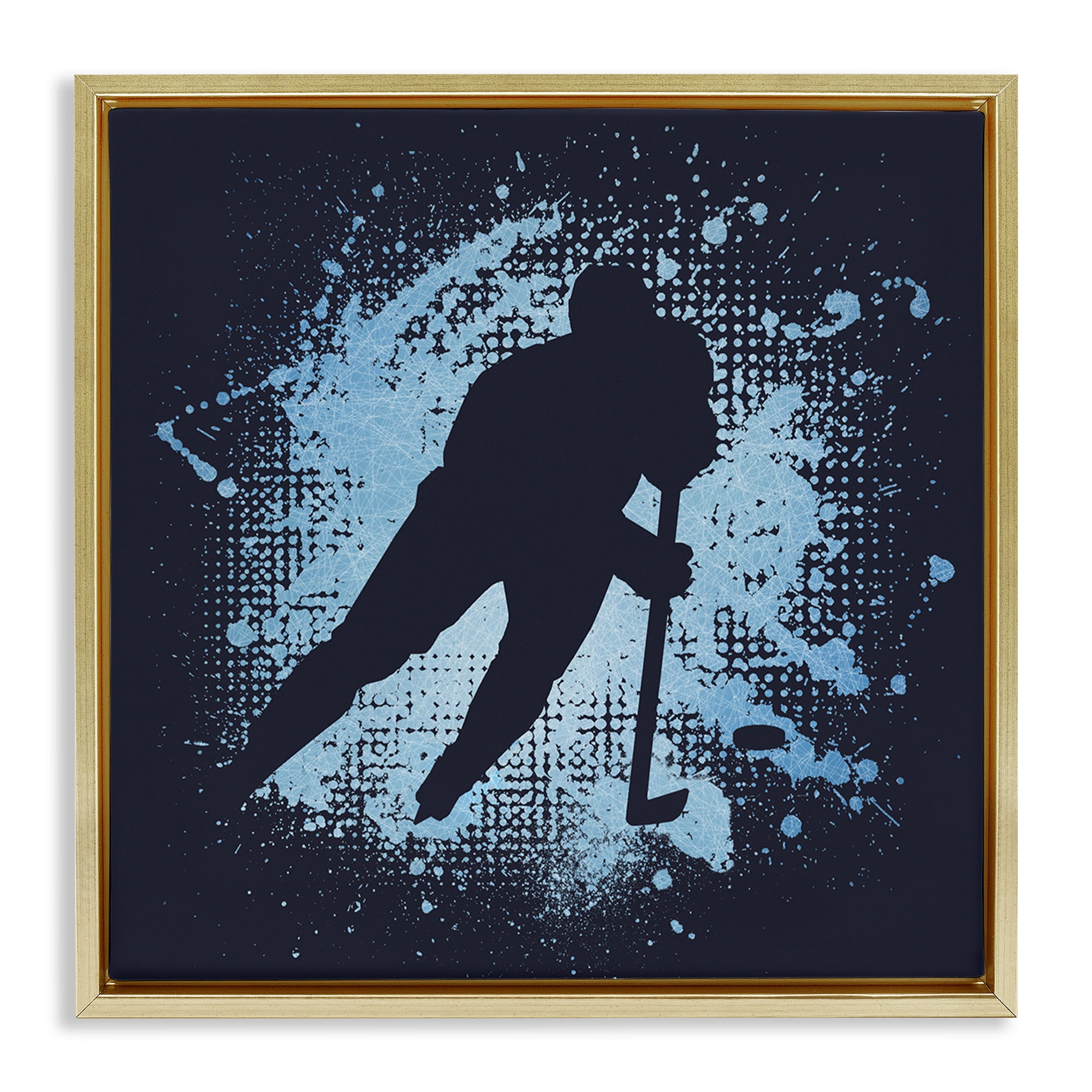 Stupell Industries Hockey Stance Blue Splash Sports Painting Gold Floater Framed Art Print Wall Art, 18 x 18