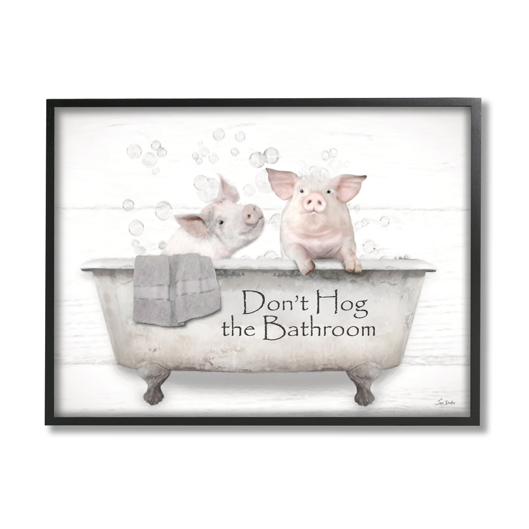 Rustic Black Framed Wood Hog Bathroom Pigs Art Print