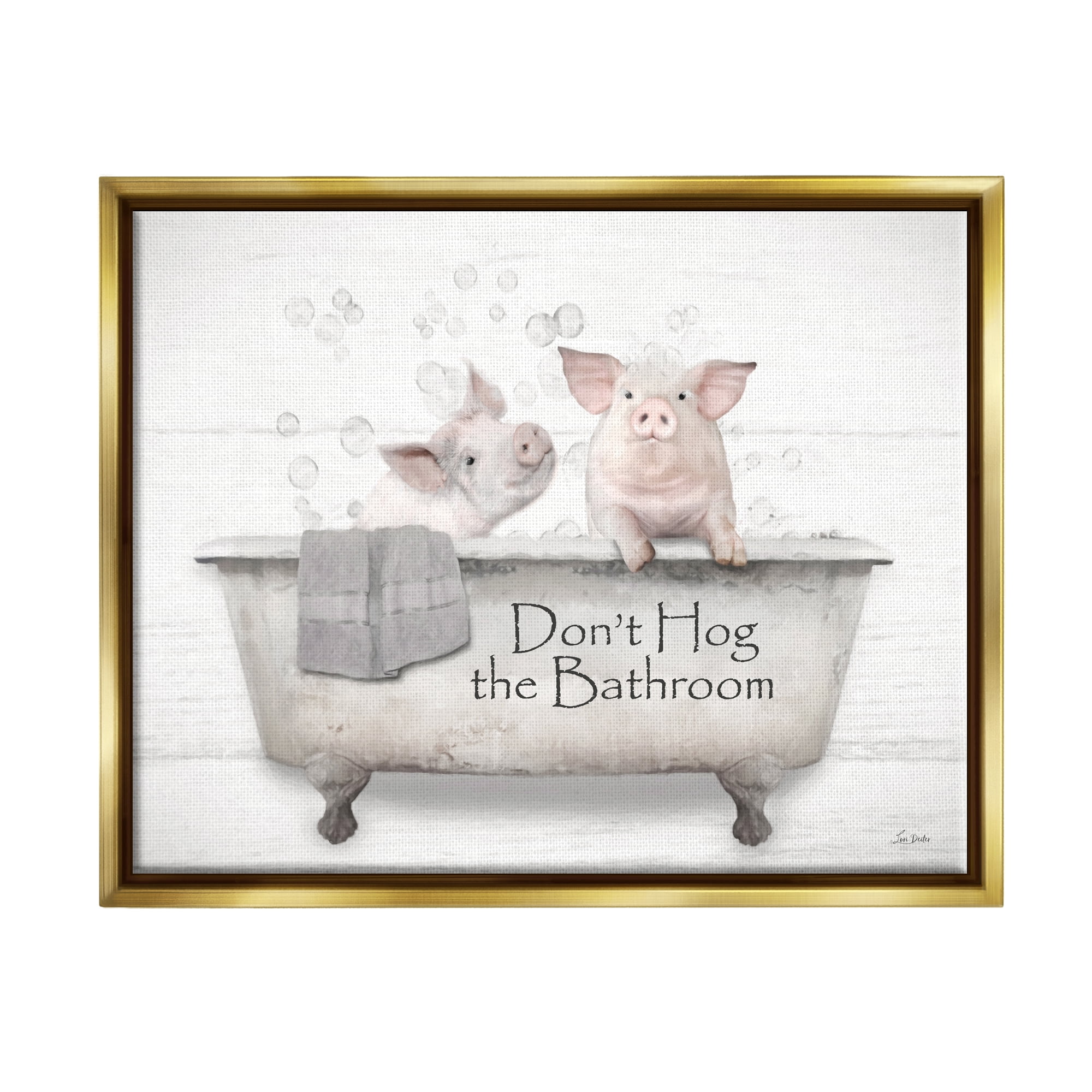 Stupell Industries Hog Bathroom Pigs Animals & Insects Painting Gold Floater Framed Canvas Art Print Wall Art, 21 x 17
