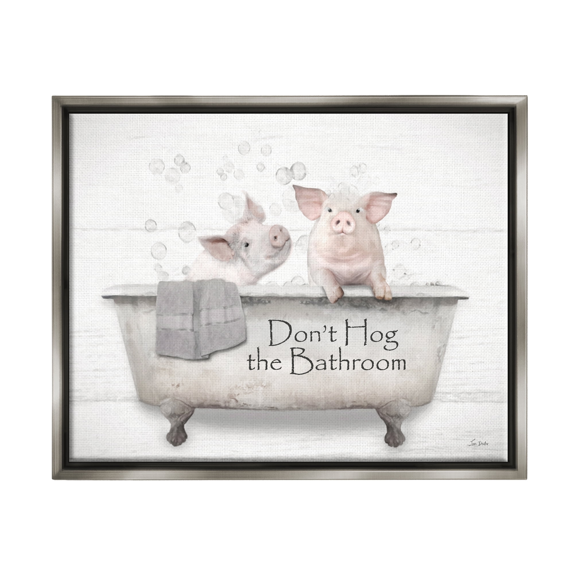 Stupell Industries Hog Bathroom Pigs Animals & Insects Painting Gray Floater Framed Canvas Art Print Wall Art, 21 x 17