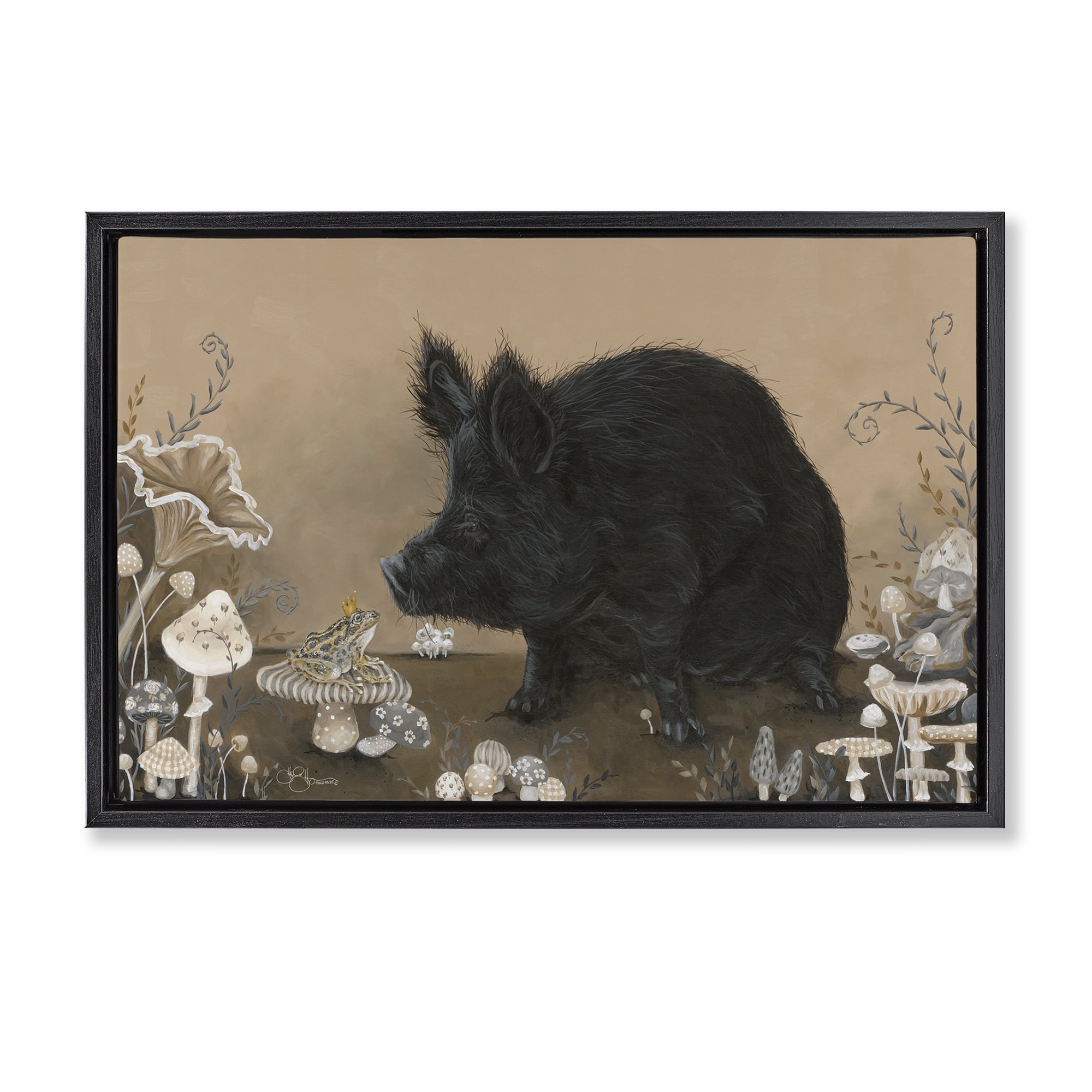 Stupell Industries Hog & Frog with Mushrooms Animals & Insects Painting Black Floater Framed Canvas Art Print Wall Art, 25 x 17