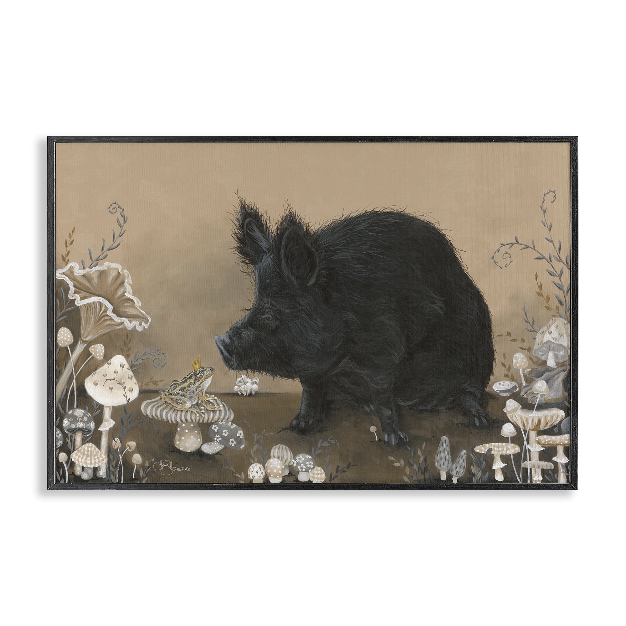 Stupell Industries Hog & Frog with Mushrooms Animals & Insects Painting Black Framed Art Print Wall Art, 30 x 20