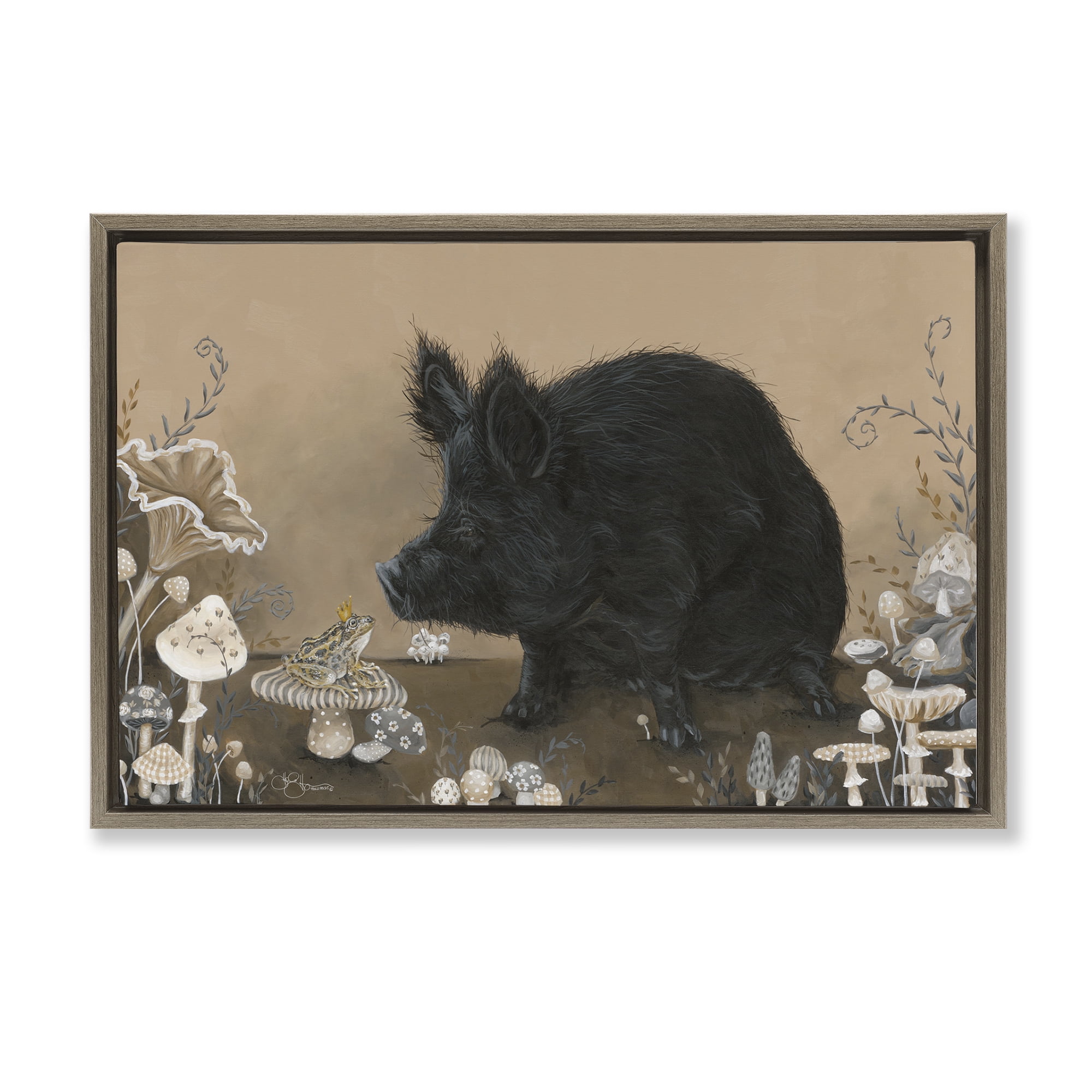 Stupell Industries Hog & Frog with Mushrooms Animals & Insects Painting Brown Floater Framed Canvas Art Print Wall Art, 31 x 21