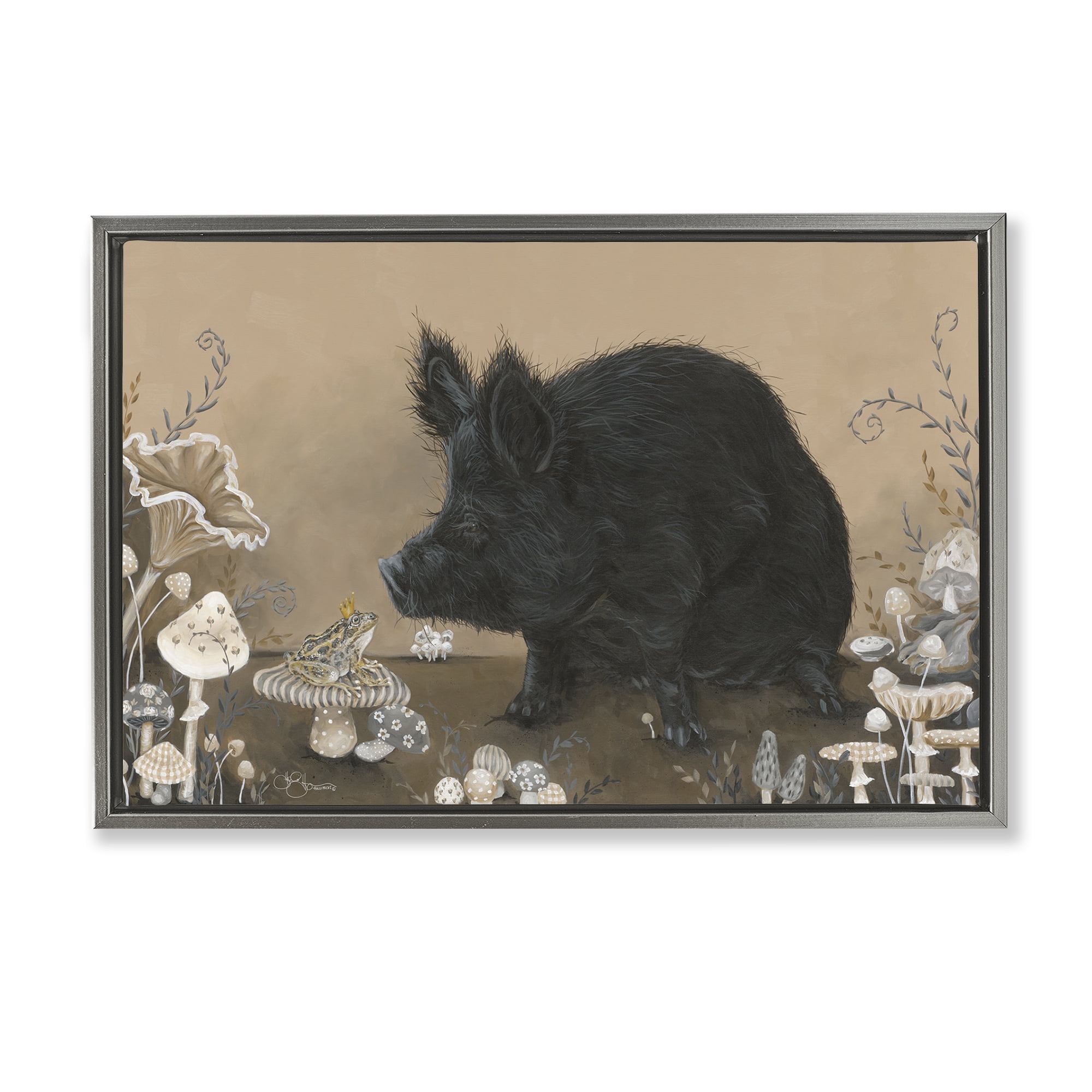 Stupell Industries Hog & Frog with Mushrooms Animals & Insects Painting Gray Floater Framed Canvas Art Print Wall Art, 25 x 17
