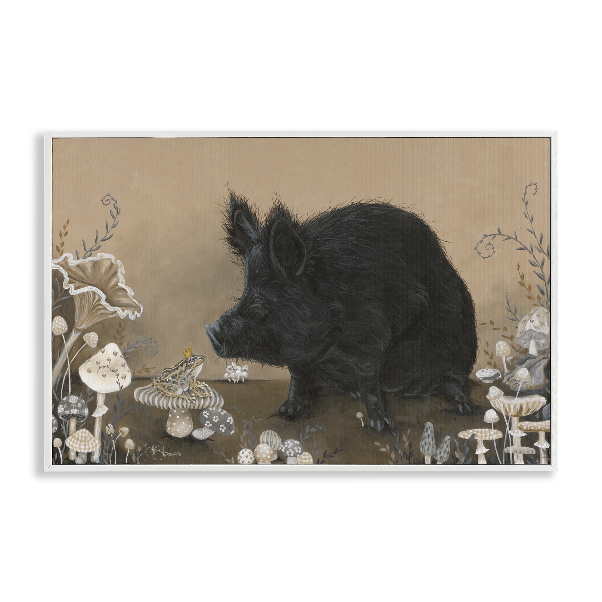 Stupell Industries Hog & Frog with Mushrooms Animals & Insects Painting White Framed Art Print Wall Art, 30 x 20