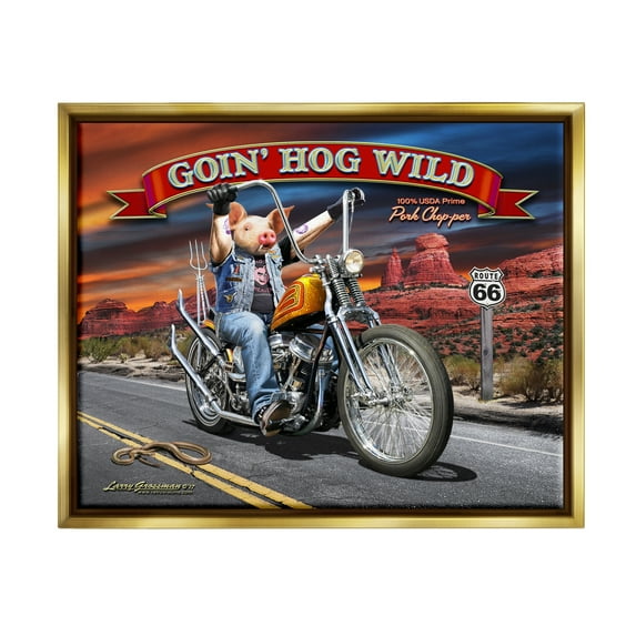 Stupell Industries Hog Wild Chopper Bike Animals & Insects Painting Gold Floater Framed Canvas Art Print Wall Art, 31 x 25