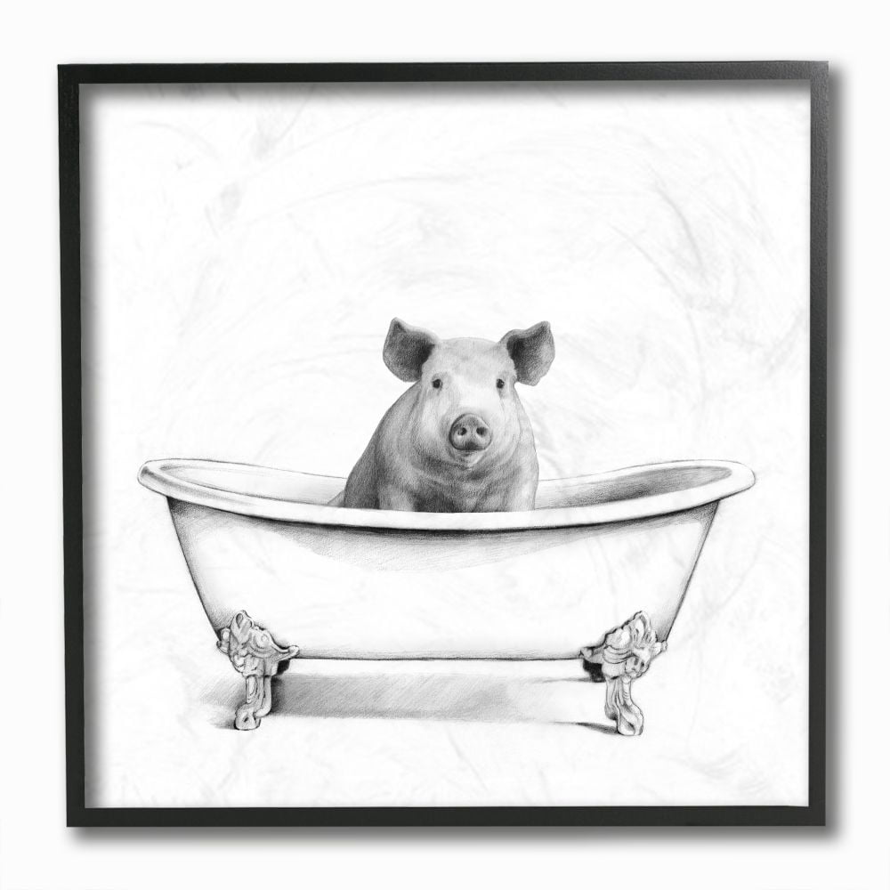 Stupell Industries Hog in Bath Tub Minimal Bathroom Sketch Framed Wall Art Design by Victoria Borges