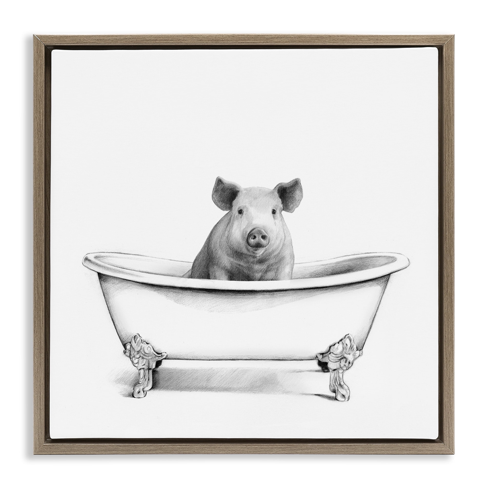 Stupell Industries Hog in Bathtub Sketch Animals & Insects Drawing Brown Floater Framed Canvas Art Print Wall Art, 18 x 18