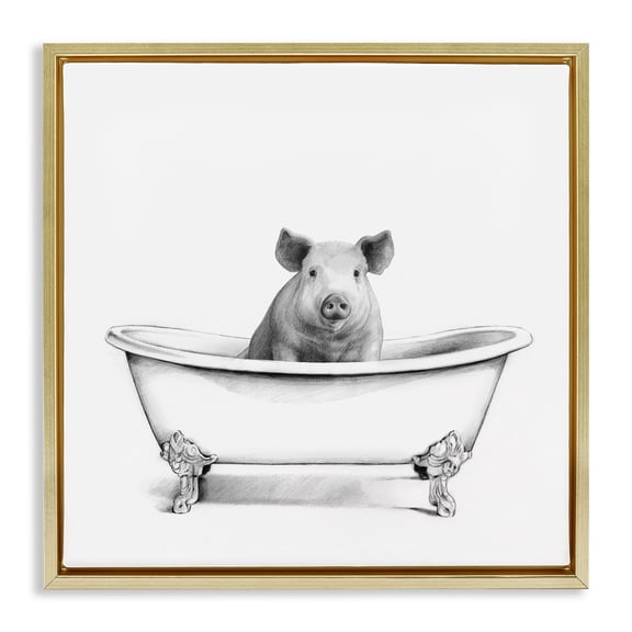 Stupell Industries Hog in Bathtub Sketch Animals & Insects Drawing Gold Floater Framed Canvas Art Print Wall Art, 18 x 18