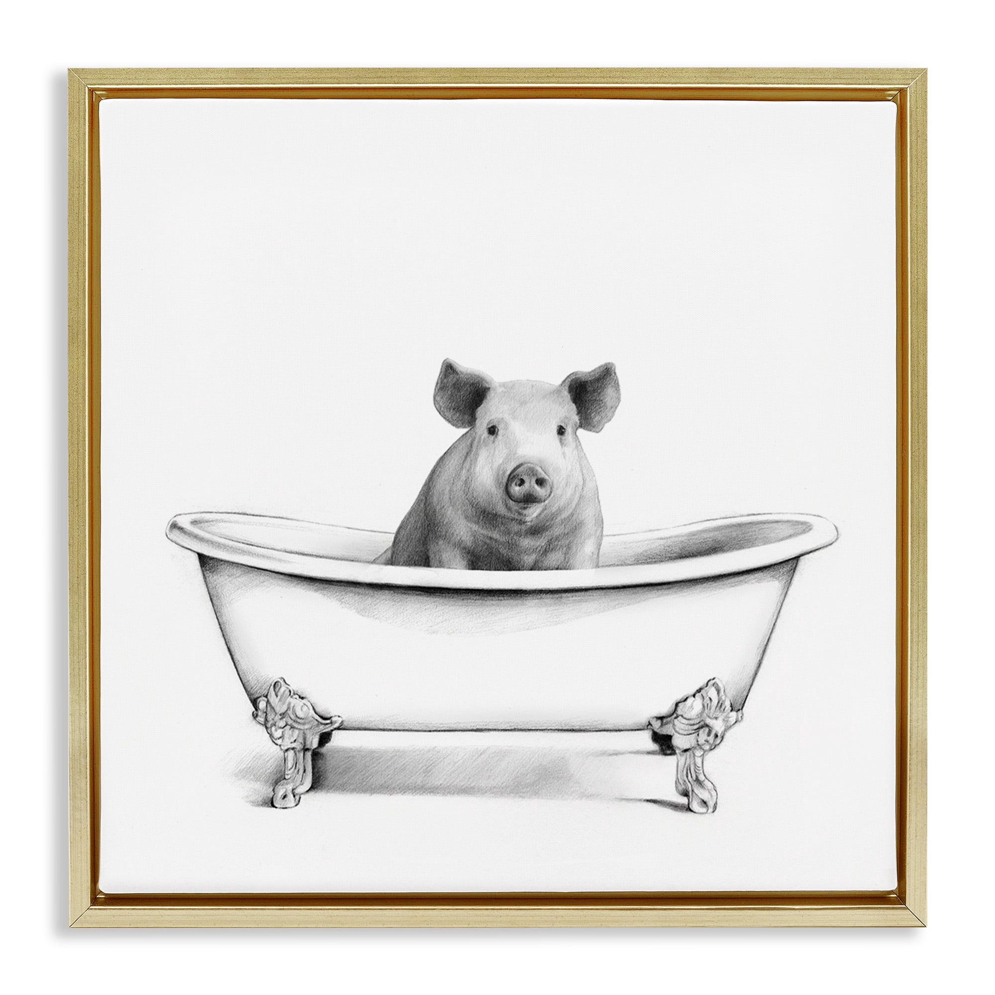 Stupell Industries Hog in Bathtub Sketch Animals & Insects Drawing Gold Floater Framed Canvas Art Print Wall Art, 25 x 25