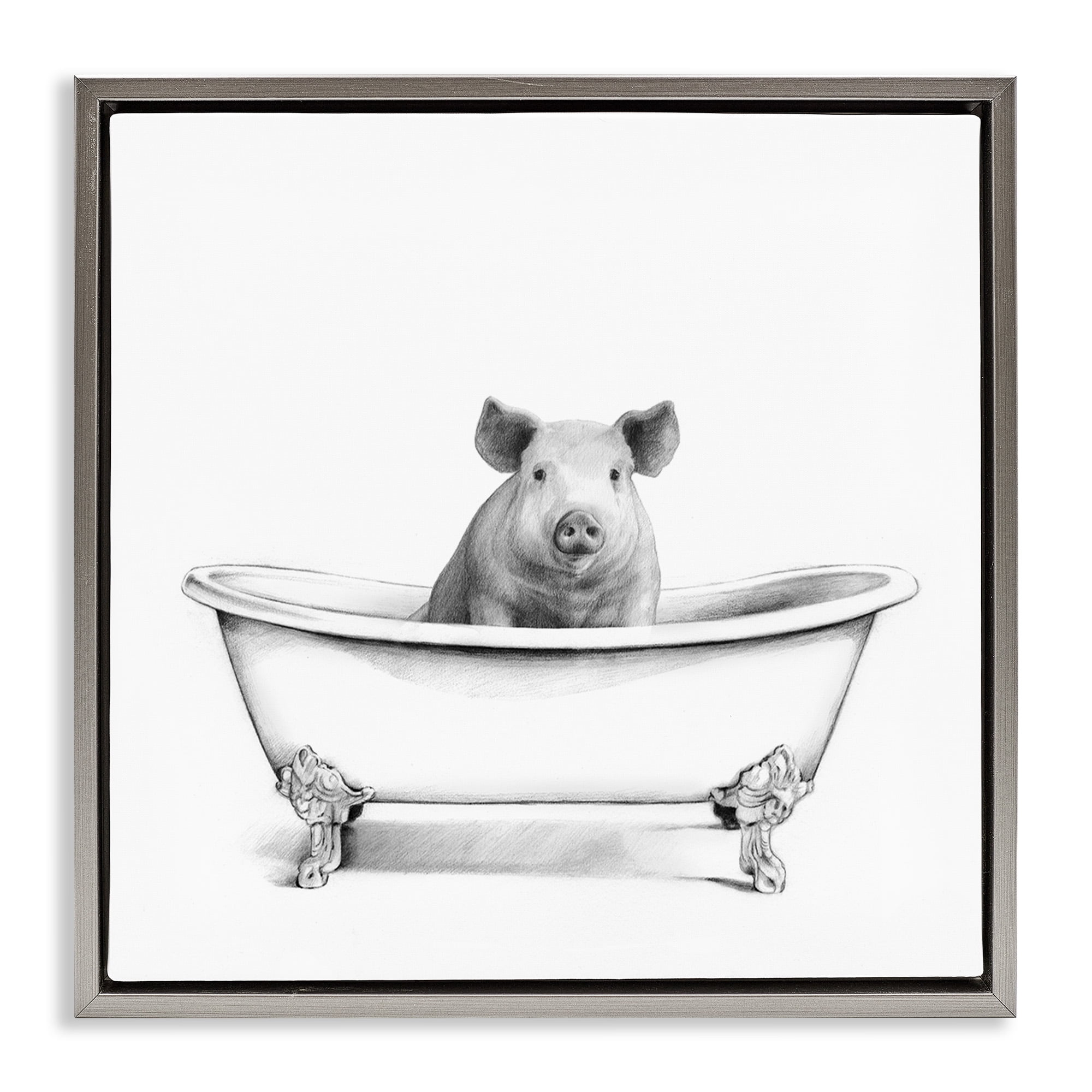 Stupell Industries Hog in Bathtub Sketch Animals & Insects Drawing Gray Floater Framed Canvas Art Print Wall Art, 18 x 18