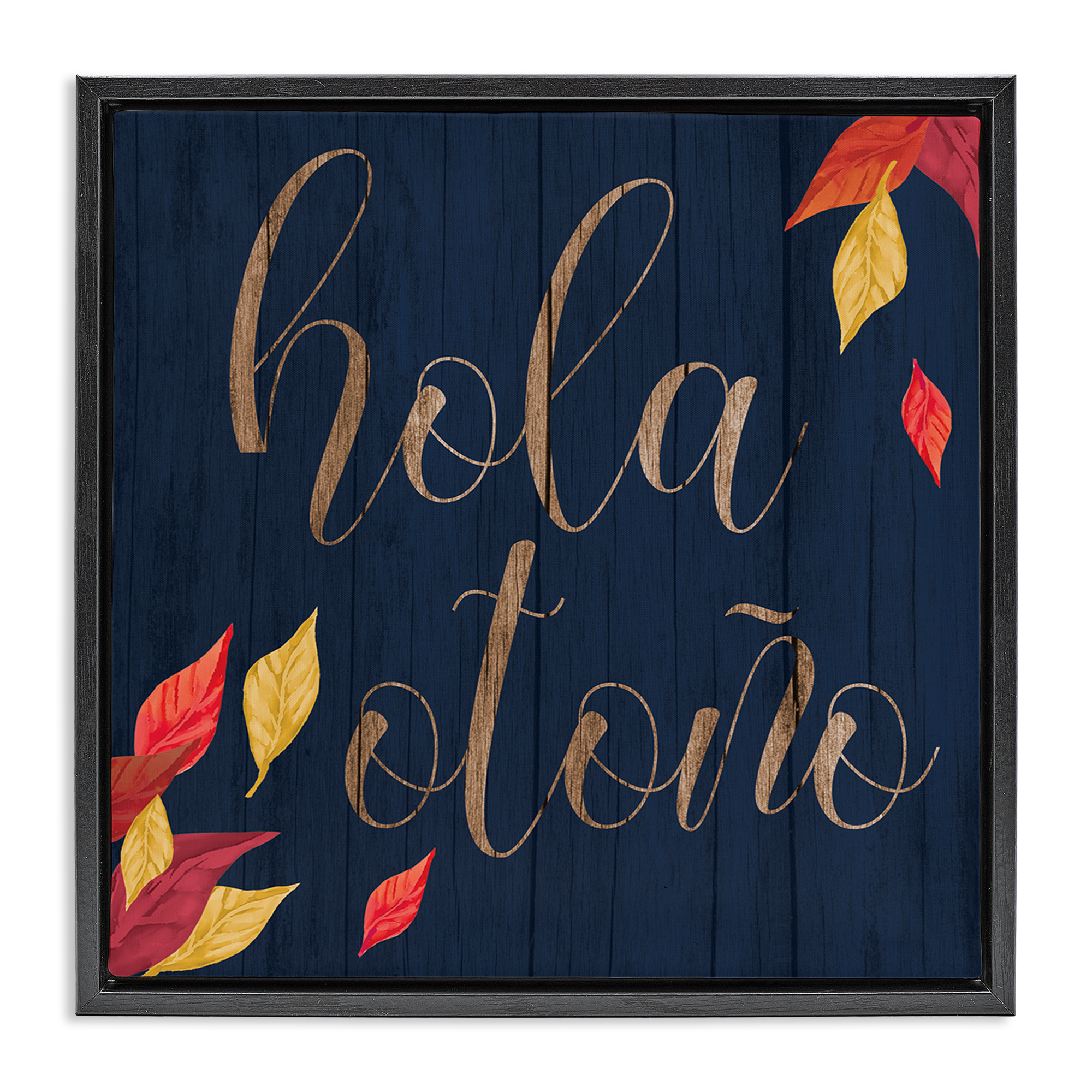 Stupell Industries Hola Otoño con Hojas Holiday Painting Black Floater Framed Art Print Wall Art, 18 x 18
