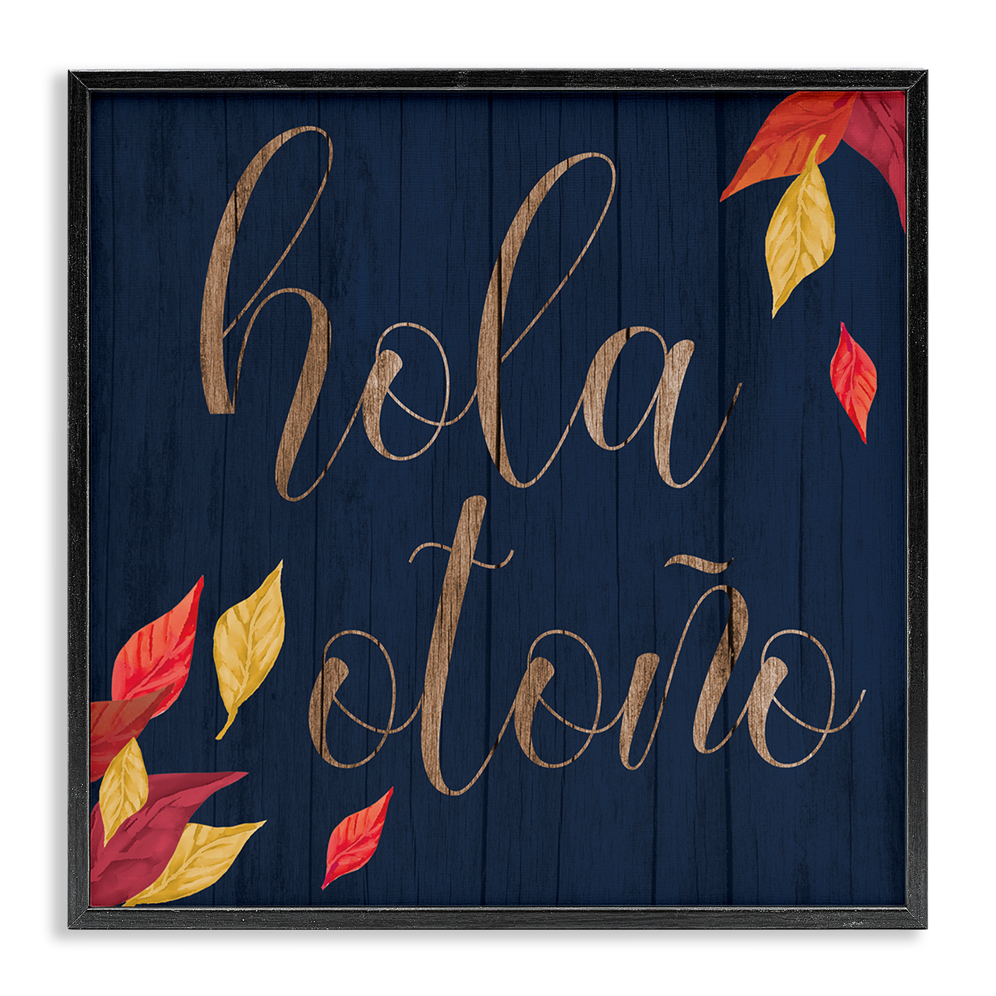 Stupell Industries Hola Otoño con Hojas Holiday Painting Black Framed Art Print Wall Art, 24 x 24