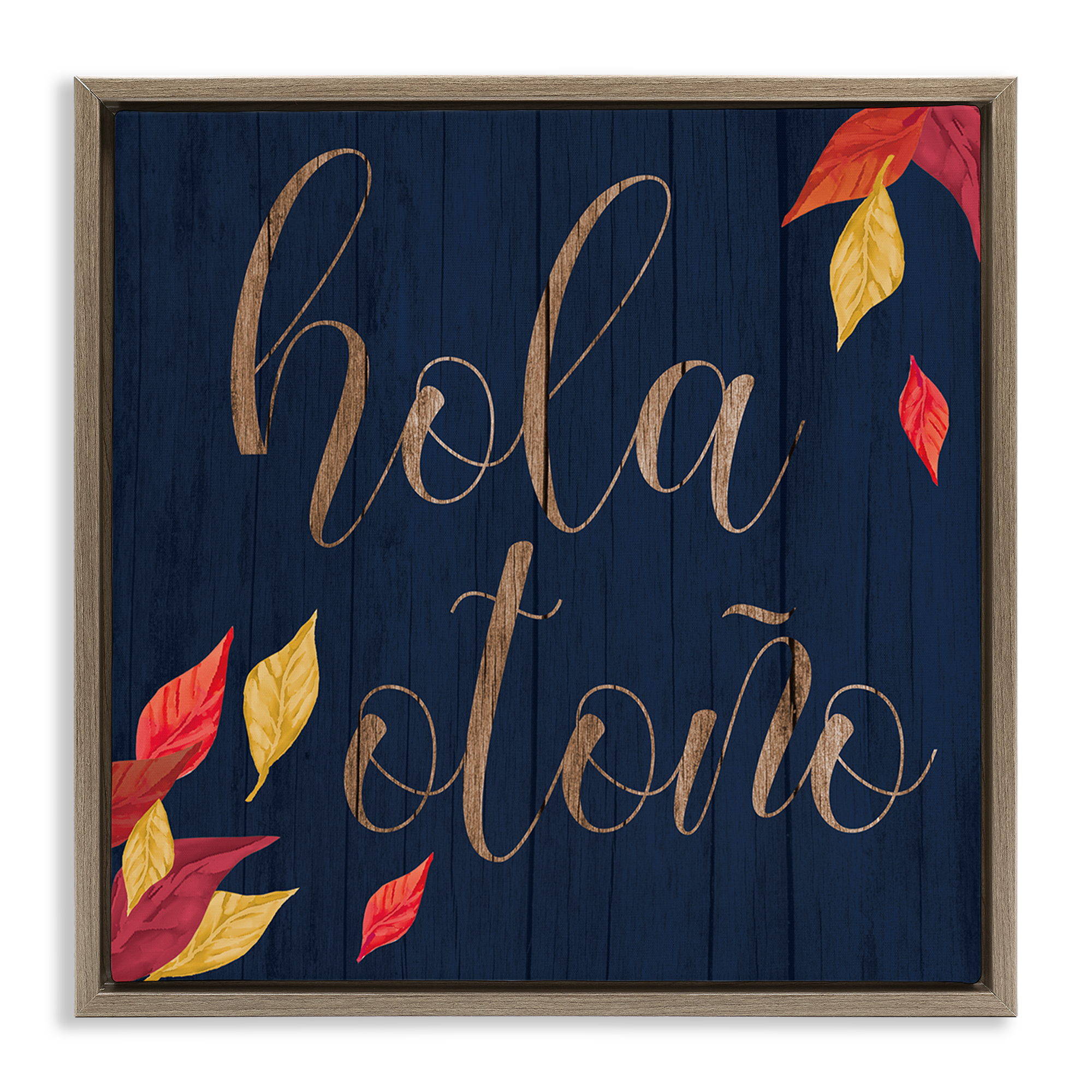 Stupell Industries Hola Otoño con Hojas Holiday Painting Brown Floater Framed Art Print Wall Art, 18 x 18
