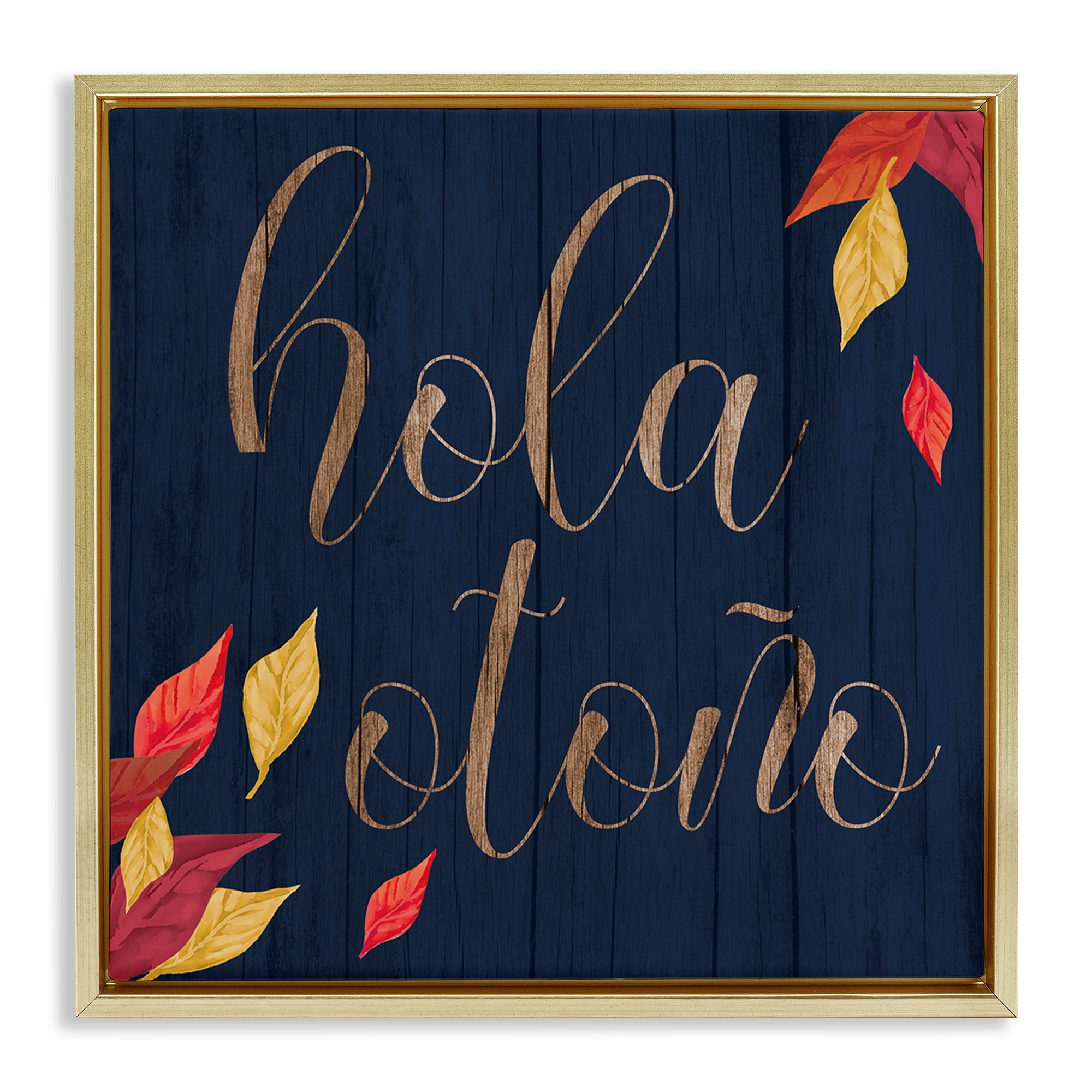 Stupell Industries Hola Otoño con Hojas Holiday Painting Gold Floater Framed Art Print Wall Art, 25 x 25