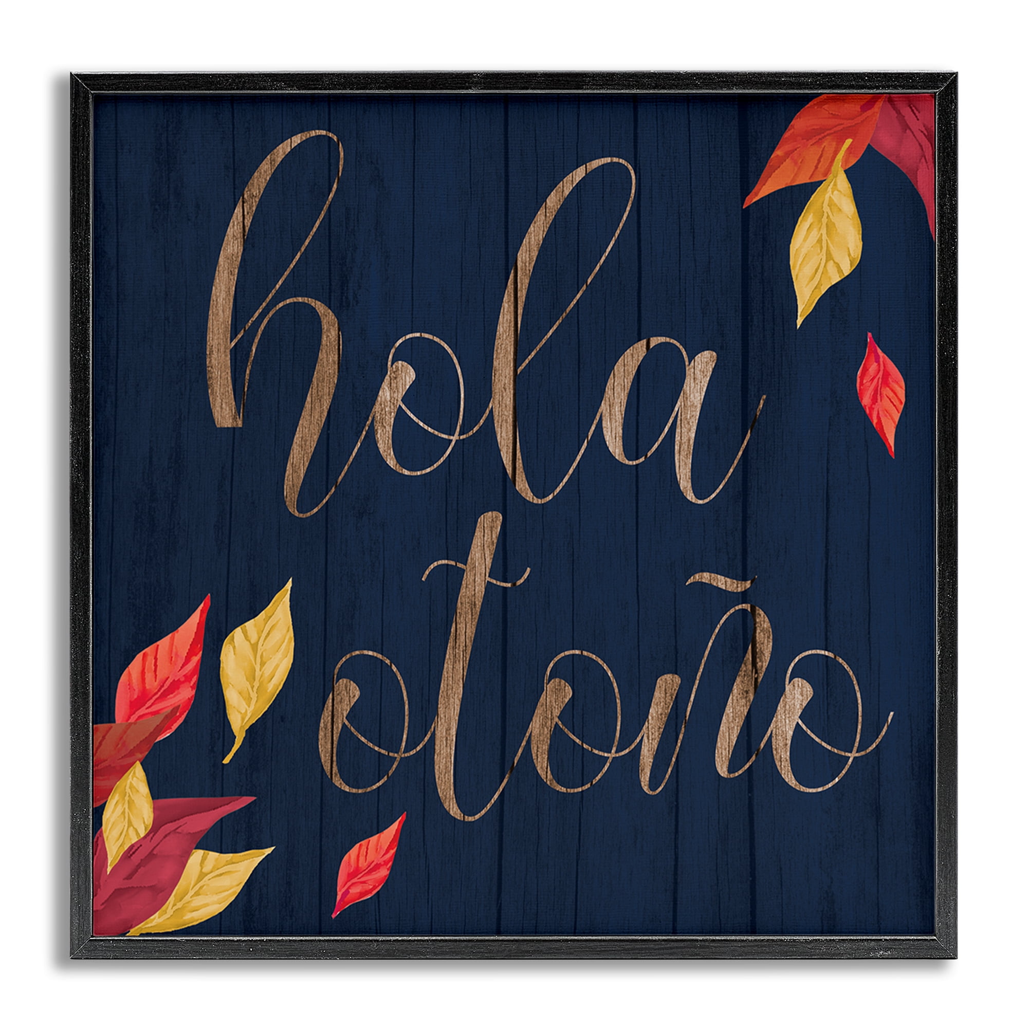 Stupell Industries Hola Otoño con Hojas Holiday Painting Gray Framed Art Print Wall Art, 24 x 24