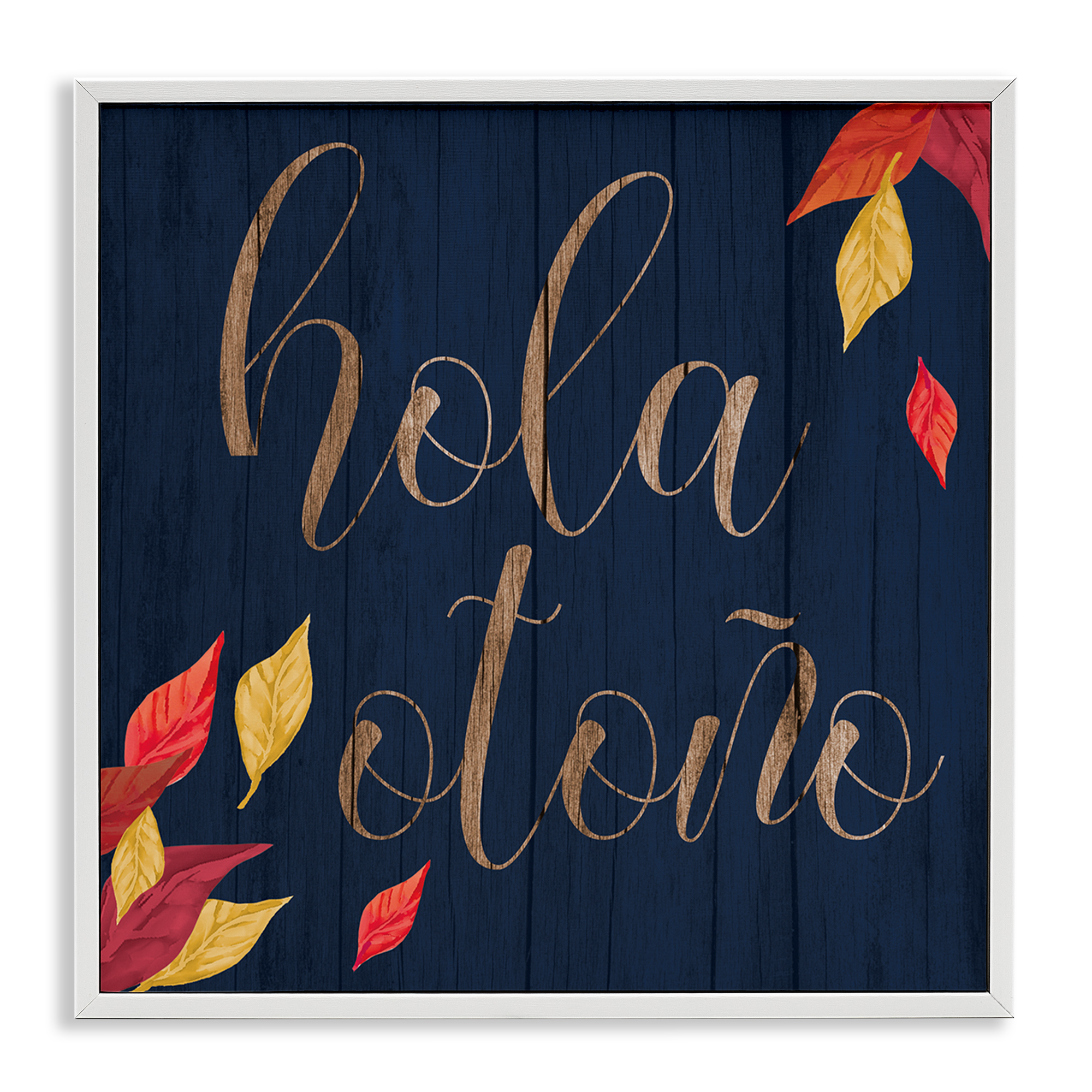 Stupell Industries Hola Otoño con Hojas Holiday Painting White Framed Art Print Wall Art, 12 x 12