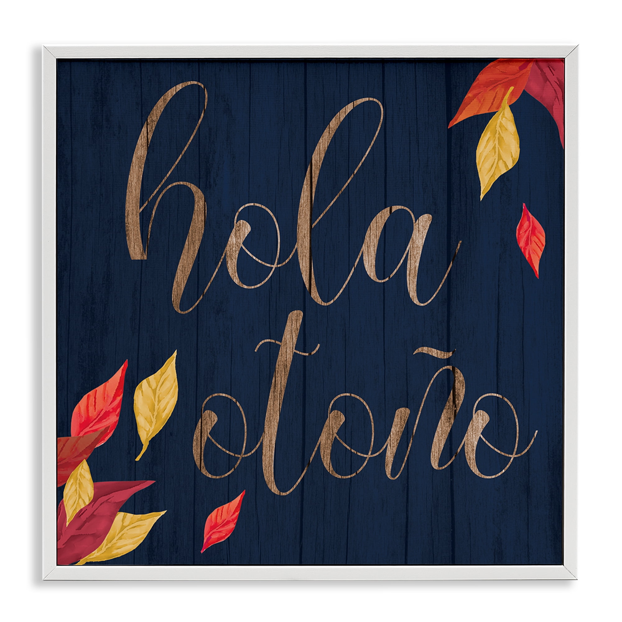 Stupell Industries Hola Otoño con Hojas Holiday Painting White Framed Art Print Wall Art, 24 x 24