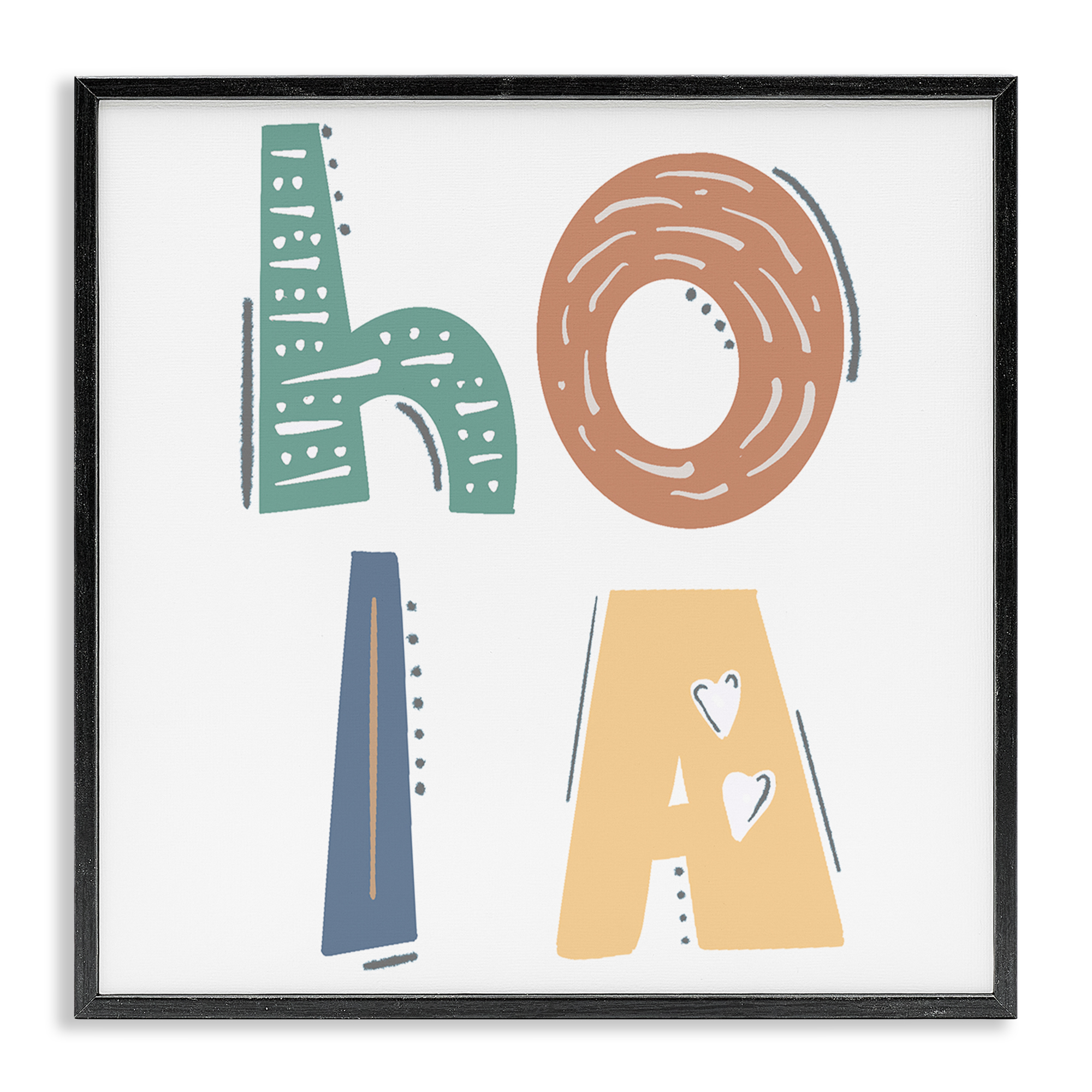 Stupell Industries Hola con Tipografía Divertida Typography and Symbols Painting Black Framed Art Print Wall Art, 12 x 12