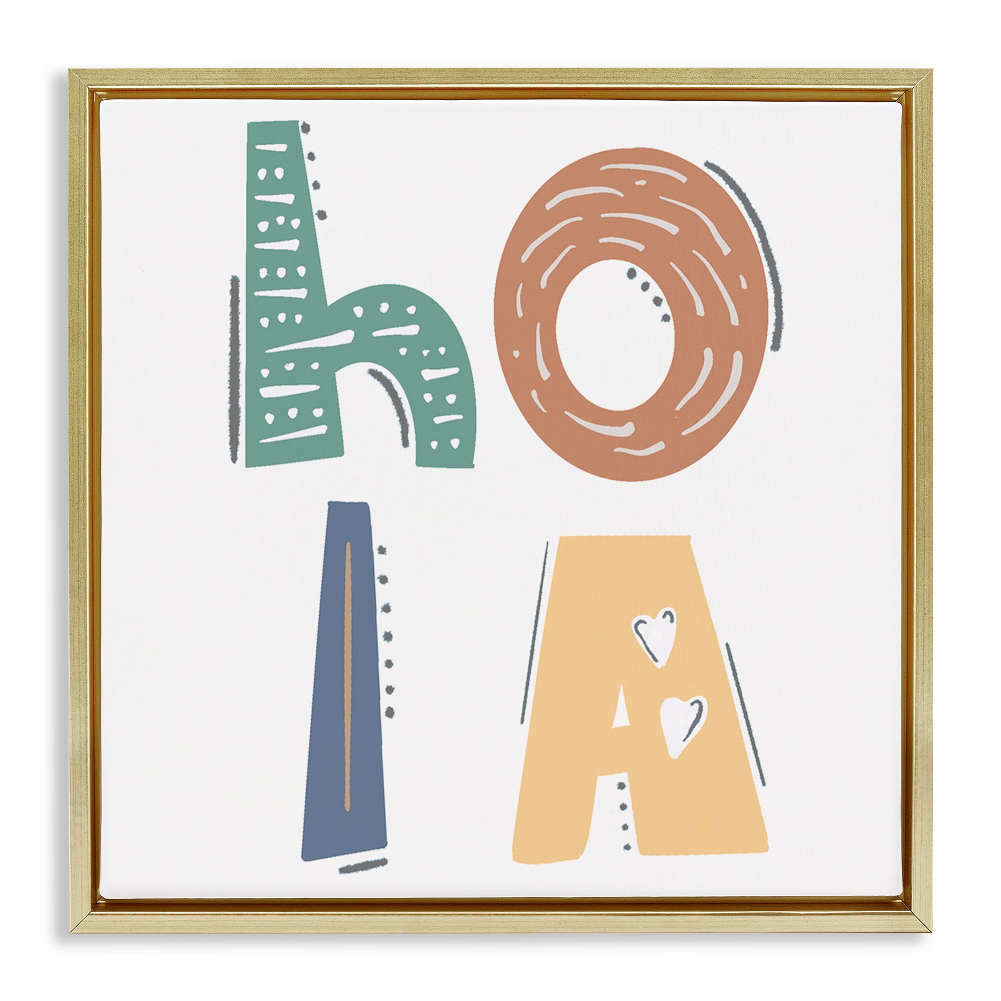Stupell Industries Hola con Tipografía Divertida Typography and Symbols Painting Gold Floater Framed Art Print Wall Art, 25 x 25