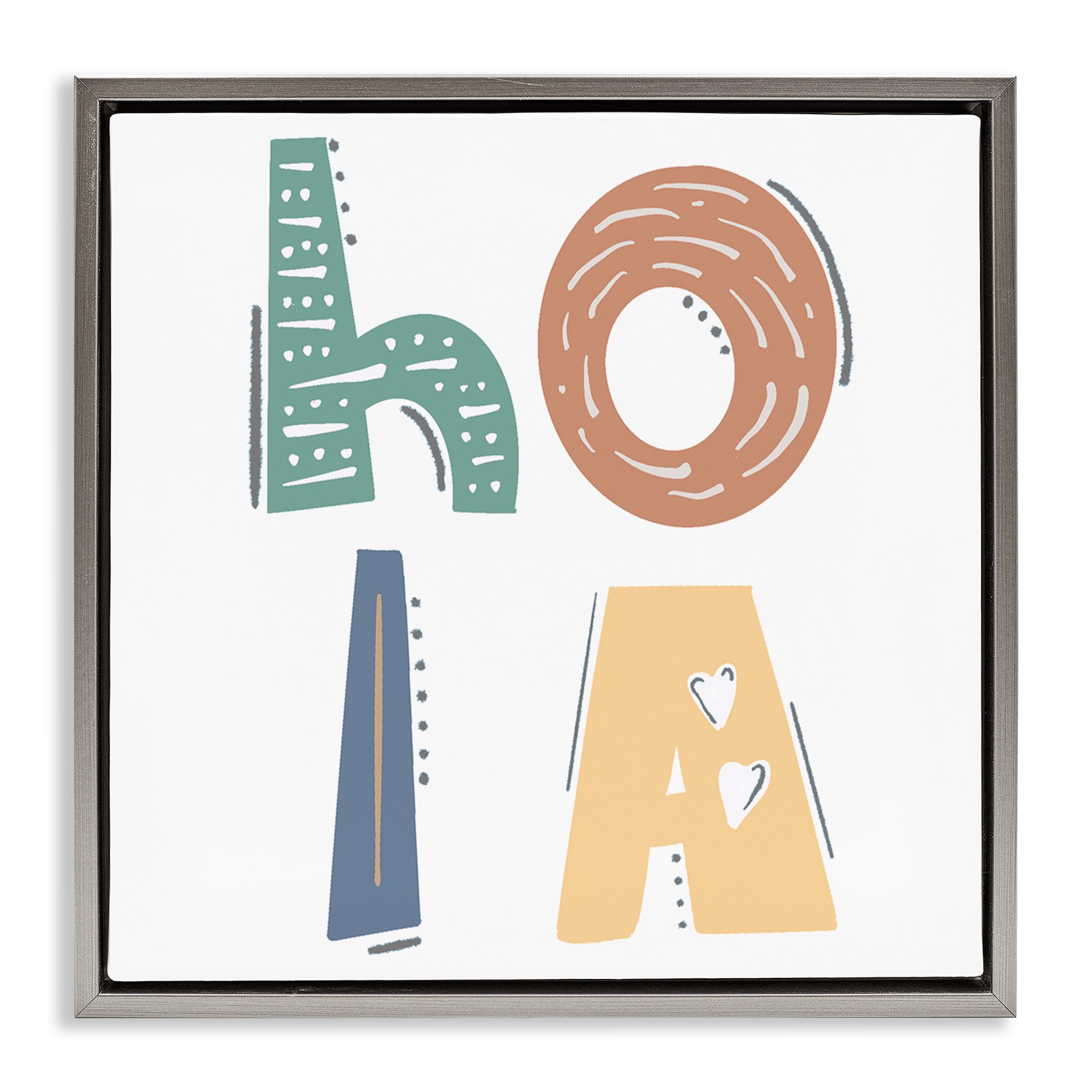 Stupell Industries Hola con Tipografía Divertida Typography and Symbols Painting Gray Floater Framed Art Print Wall Art, 25 x 25