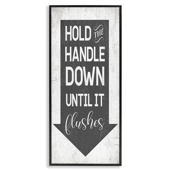 Stupell Industries Hold Handle Down Bathroom Arrow Typography Painting Black Framed Art Print Wall Art, 13 x 30