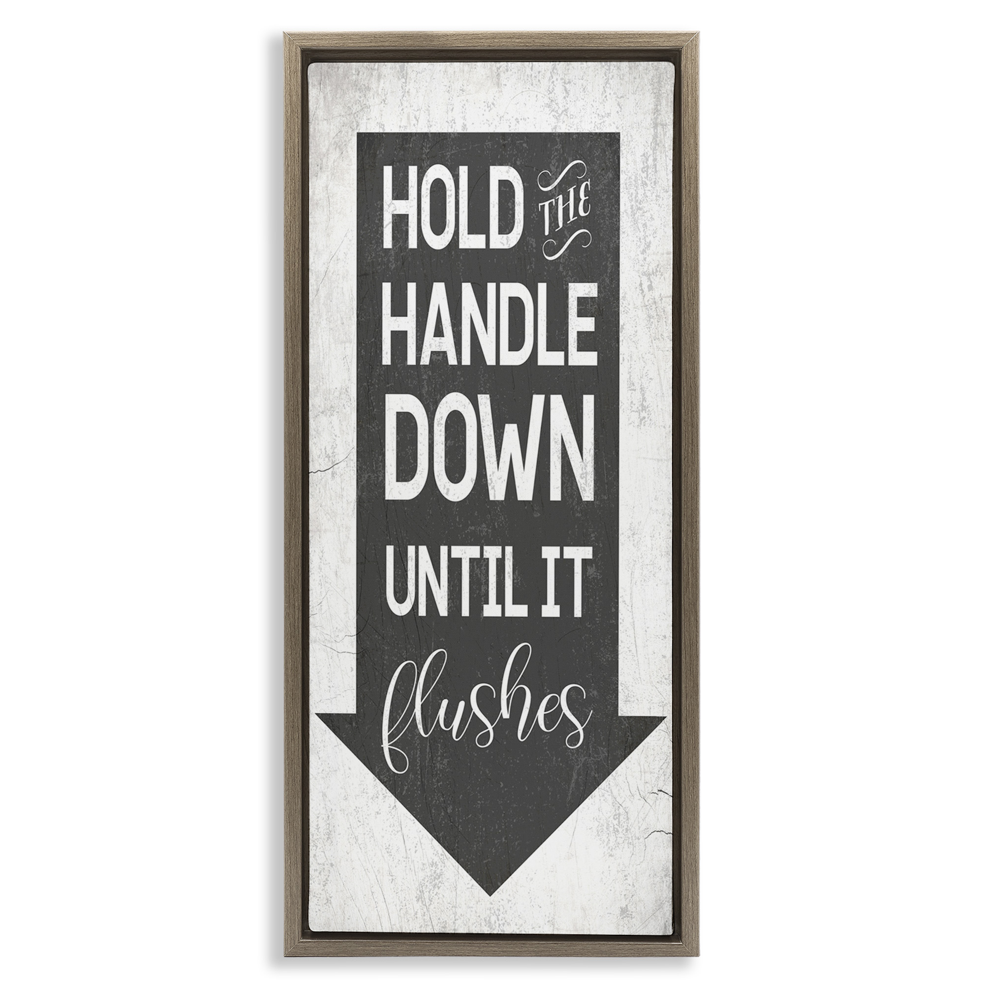 Stupell Industries Hold Handle Down Bathroom Arrow Typography Painting Brown Floater Framed Canvas Art Print Wall Art, 15 x 31