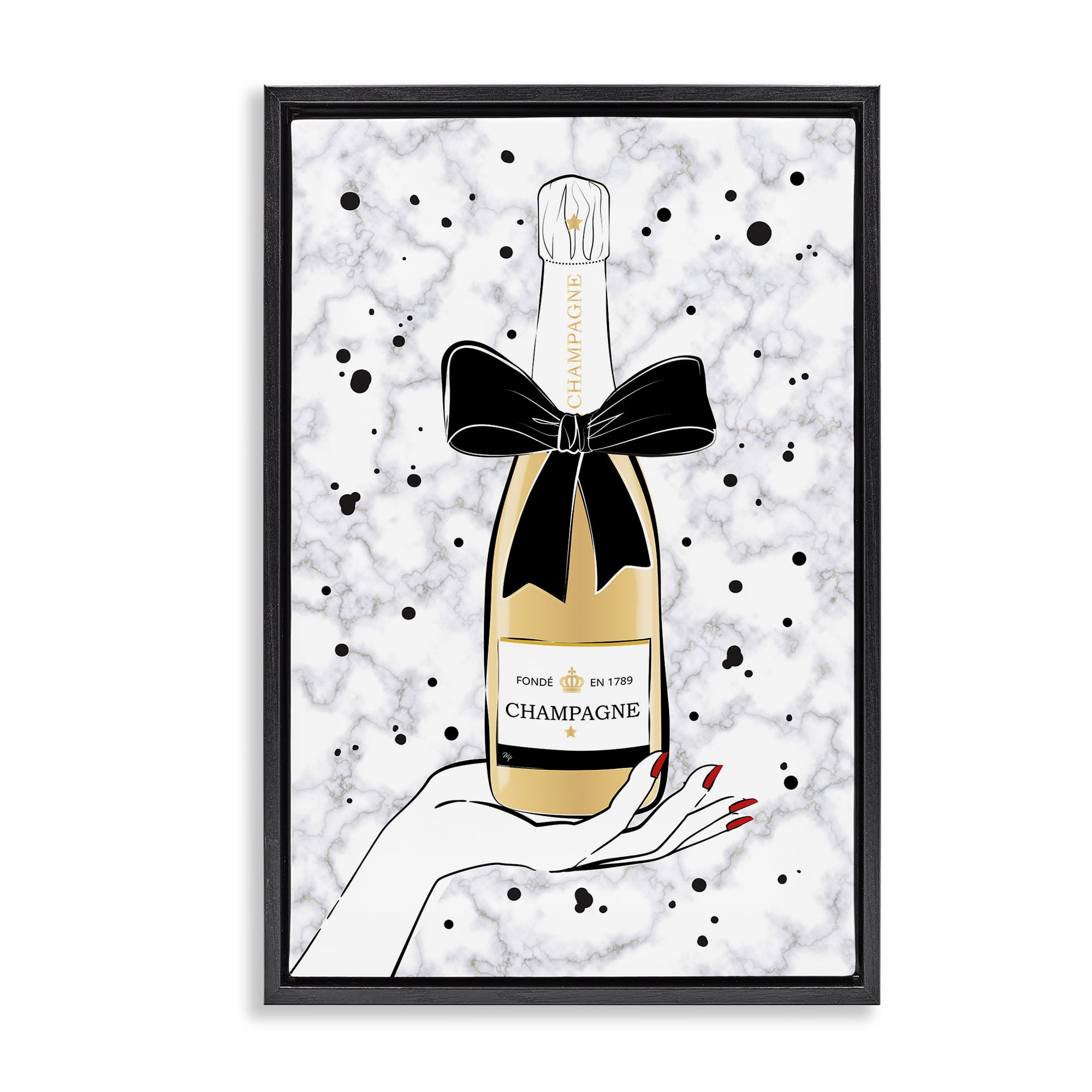 Stupell Industries Holding Champagne Bottle Food & Beverage Painting Black Floater Framed Art Print Wall Art, 17 x 25