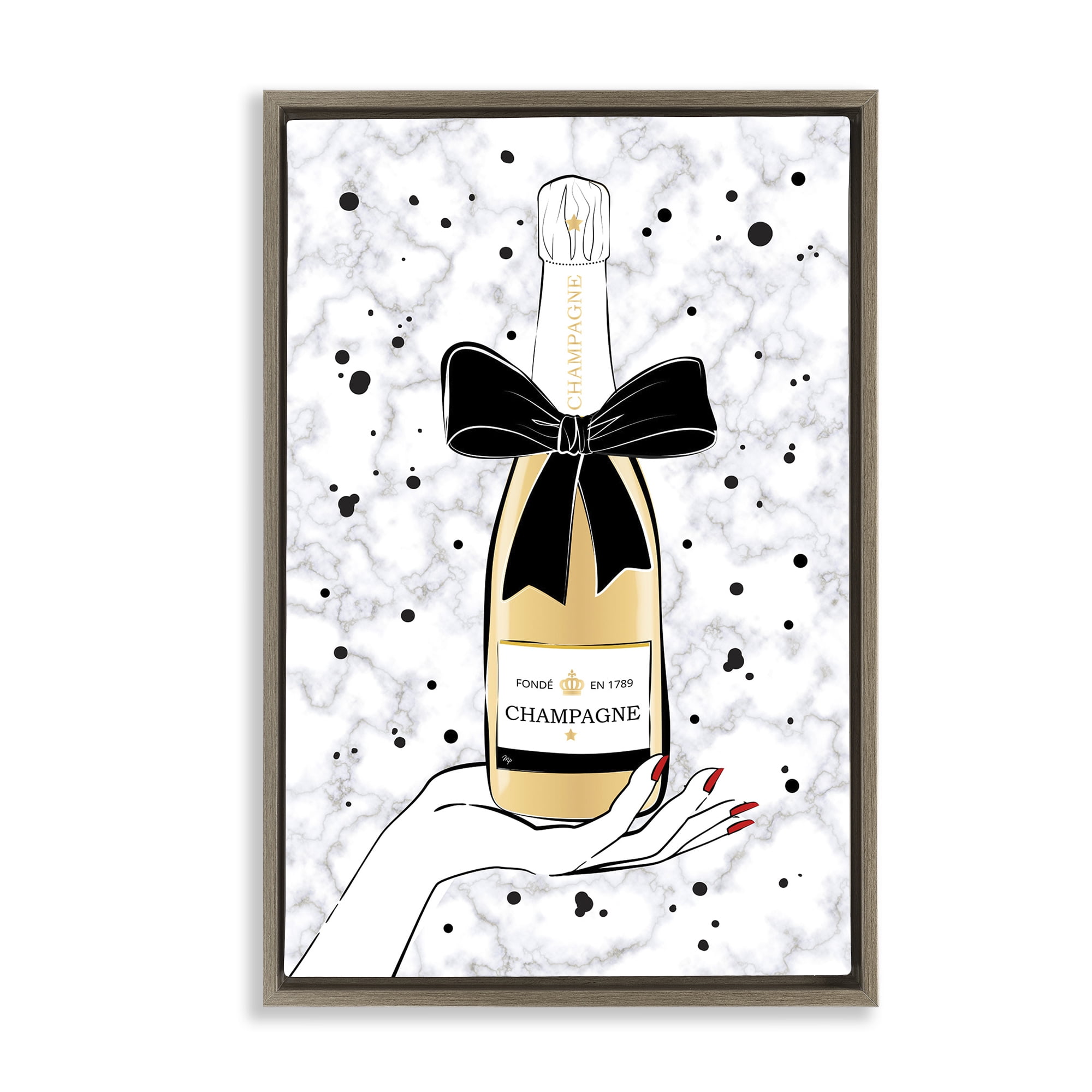 Stupell Industries Holding Champagne Bottle Food & Beverage Painting Brown Floater Framed Art Print Wall Art, 21 x 31