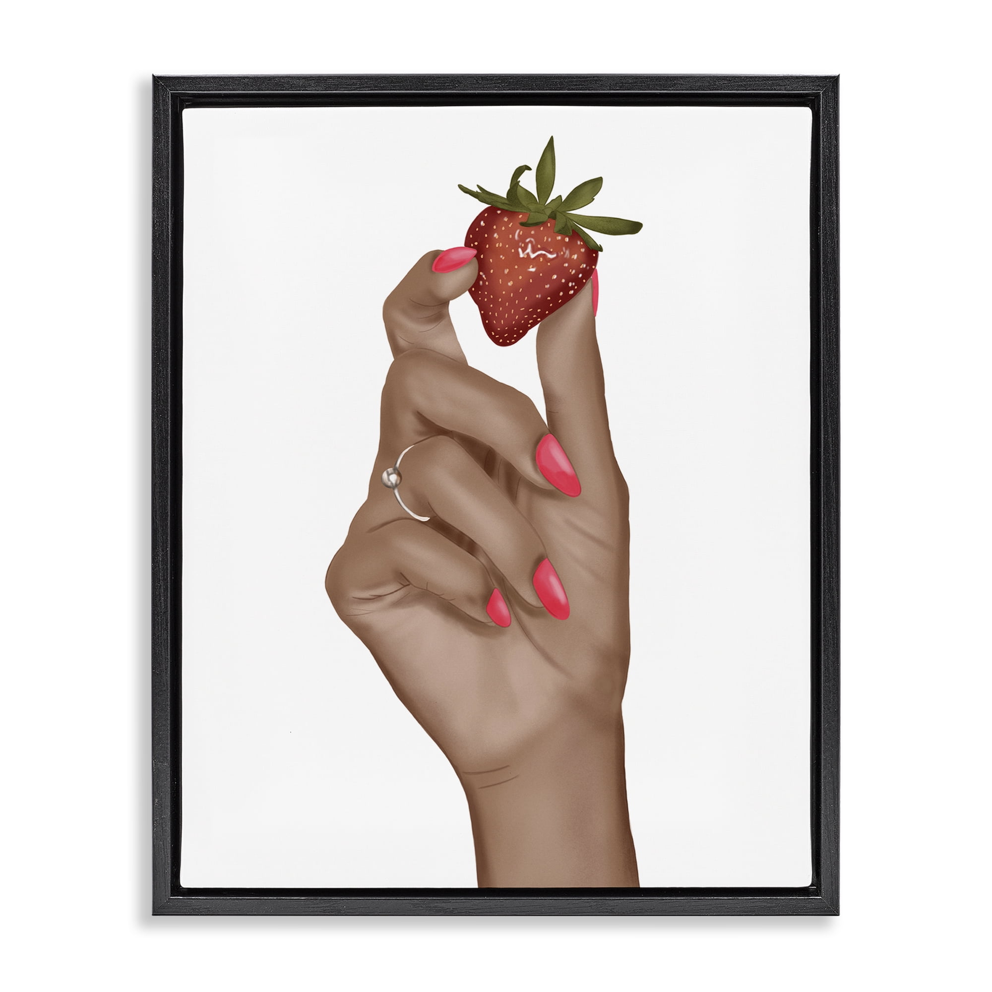 Stupell Industries Holding Juicy Strawberry People Painting Black Floater Framed Canvas Art Print Wall Art, 25 x 31