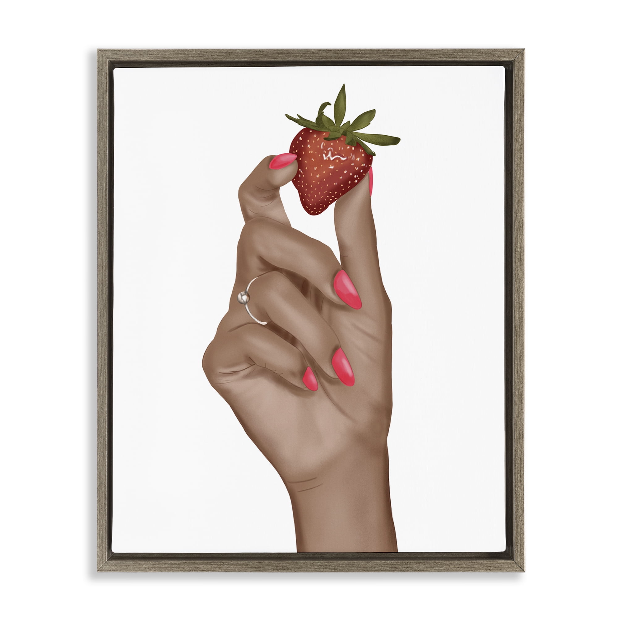 Stupell Industries Holding Juicy Strawberry People Painting Brown Floater Framed Canvas Art Print Wall Art, 17 x 21