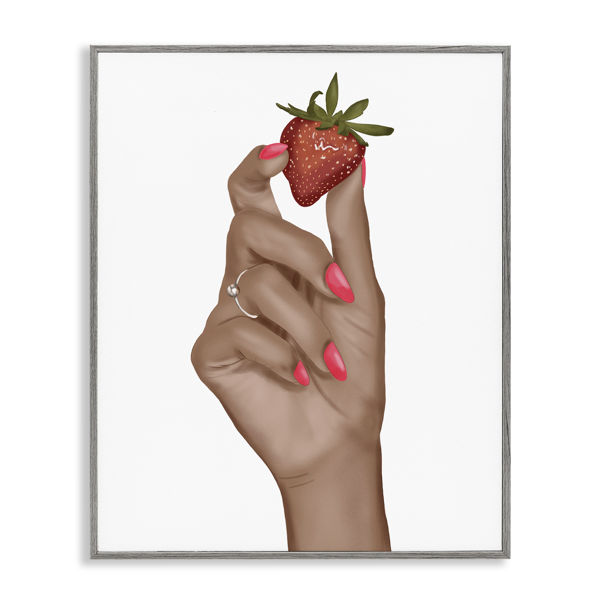 Stupell Industries Holding Juicy Strawberry People Painting Gray Framed Art Print Wall Art, 11 x 14